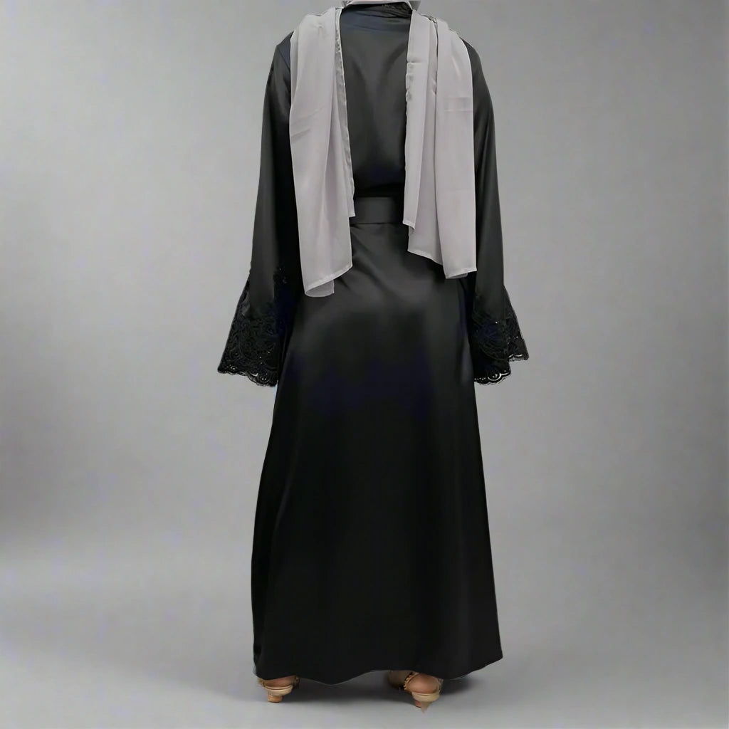 Elegant Satin Embroidery Long Sleeve Open Abaya Dress for Muslim Women - Perfect for Prayer, Mosque Visits & Special Occasions