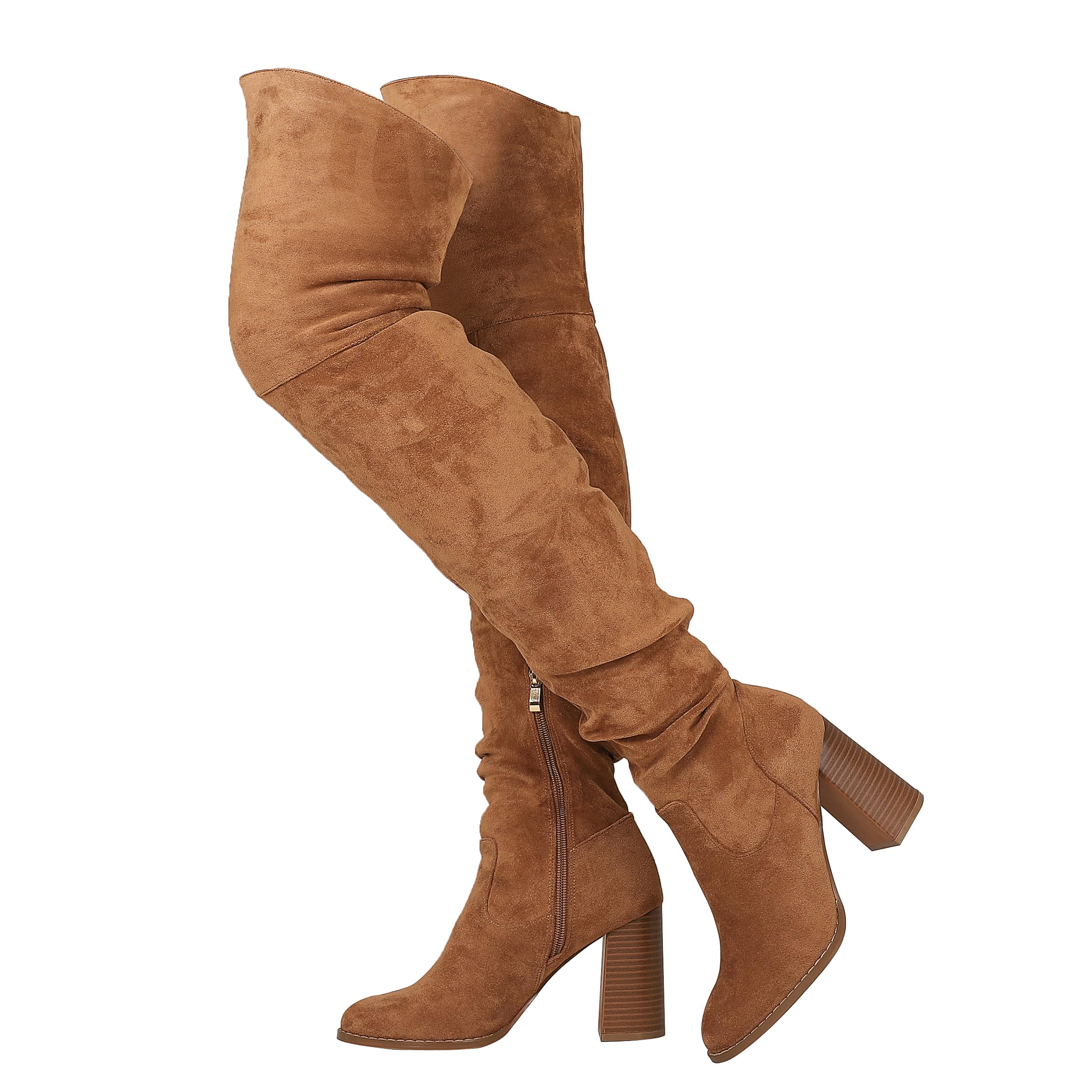 Mattiventon Women's Over The Knee Boots - Thigh High Block Heel Stretch Suede Chunky Boots with Zipper | Fashion Winter Boots for Casual Outfits, Party & Date Night