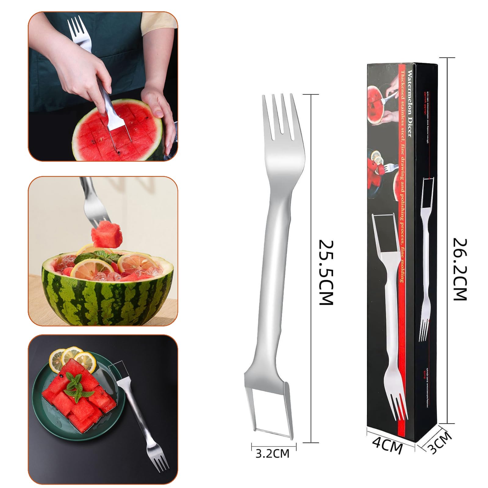 Stainless Steel Watermelon Slicer & Fork - Kids Safe Melon Cubing Tool - Multi-Purpose Fruit Carving Knife for Home Kitchen - Perfect for Summer BBQs, Picnics & Party Food Prep (B)