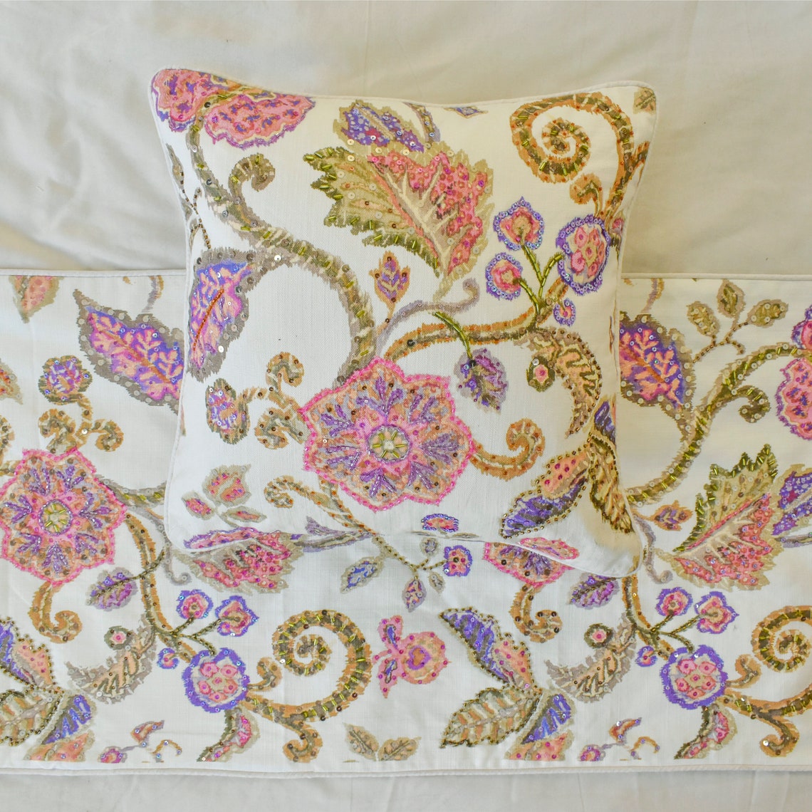 Elegant Cotton White & Pink Bed Runner and Pillow Cover Set - Perfect for Master Bedroom Decor, Wedding Accents & Boho Home Styling