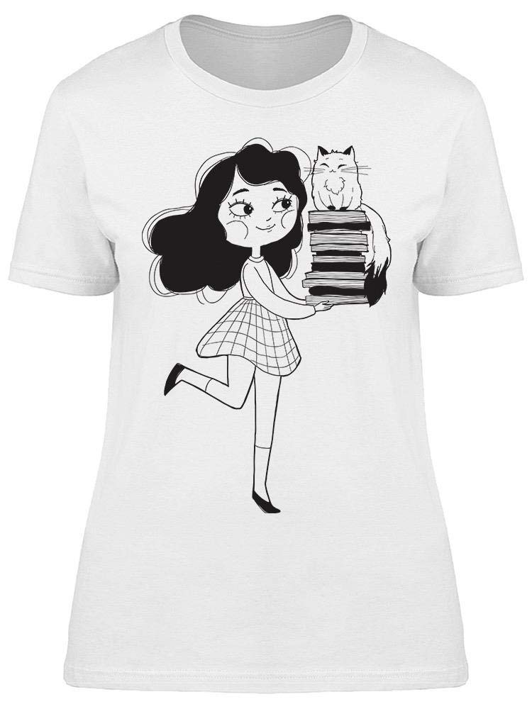 Women's Cat Smiling Graphic T-Shirt - Cute Student Book Lover Tee for Casual Wear, School & College Outfits