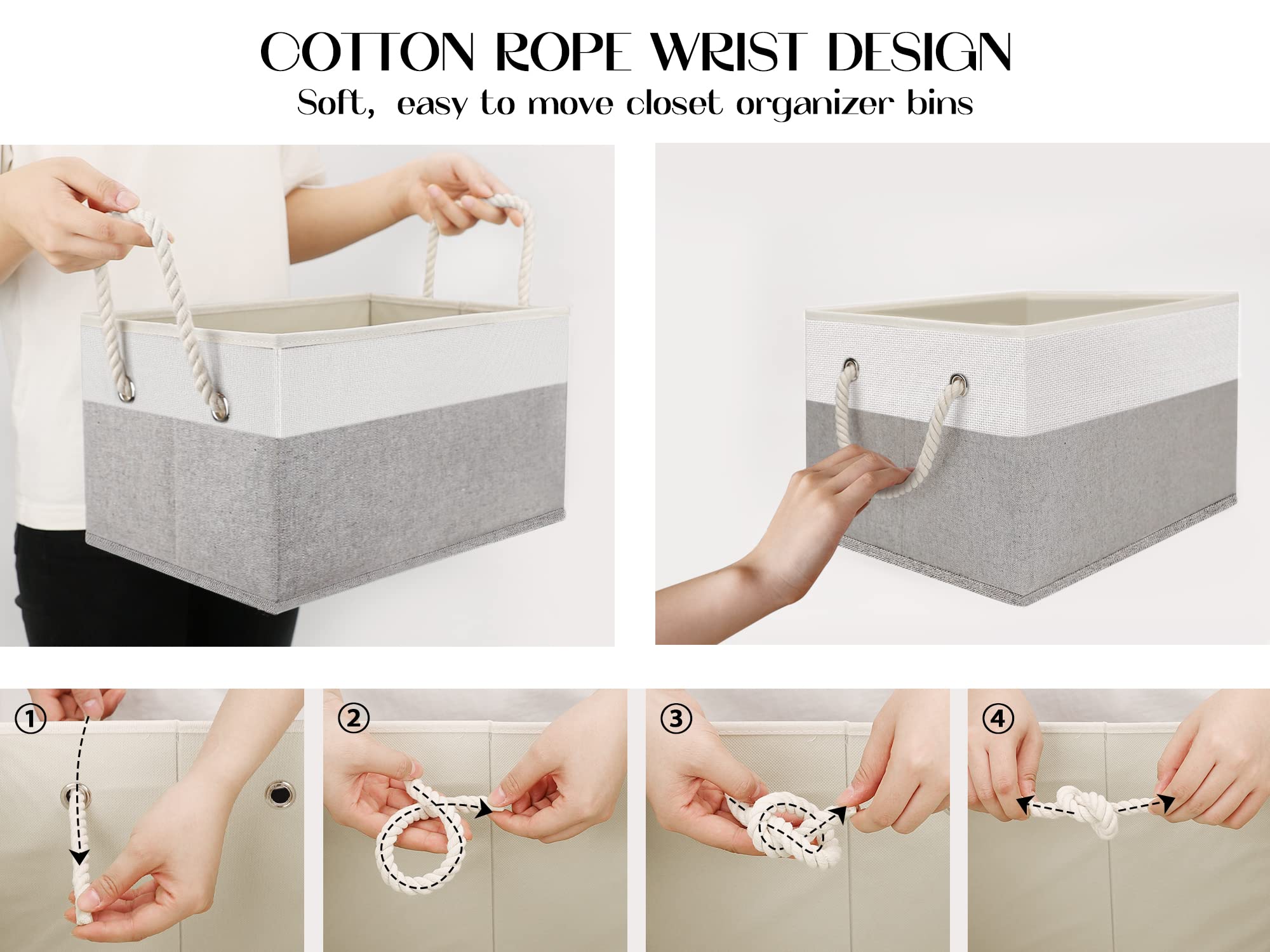 Foldable Fabric Storage Baskets for Shelves & Closet - Large Canvas Organizer Bins with Cotton Rope Handles (Beige & Gray, 2-Pack) - Perfect for Clothes, Toys & Home Organization