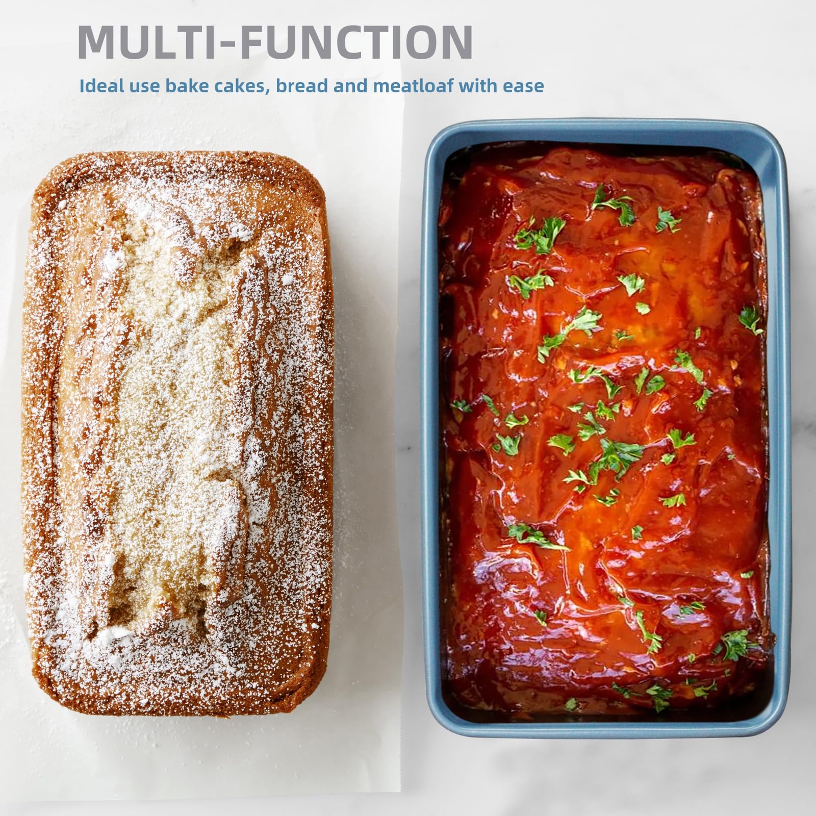 Nonstick Meatloaf Pan with Drain Tray - 9.8 x 5.7 Inch Bicolor Loaf Pan Set for Baking Meatloaf, Homemade Banana Bread, and Cakes - Oven Safe & Easy Clean - Perfect for Family Dinners and Holiday Baking (Blue)