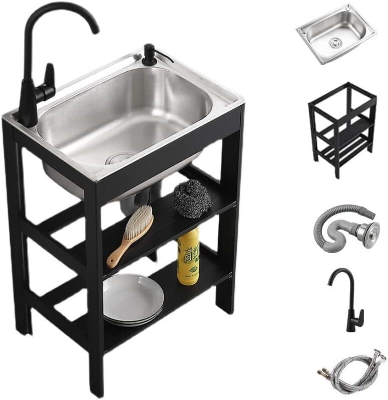SYkbb Stainless Steel Utility Sink with Faucet - Freestanding Single Basin Kitchen & Laundry Sink with Stand Workstation | Multipurpose Commercial Sink for Home, Garage, Basement & RV Use