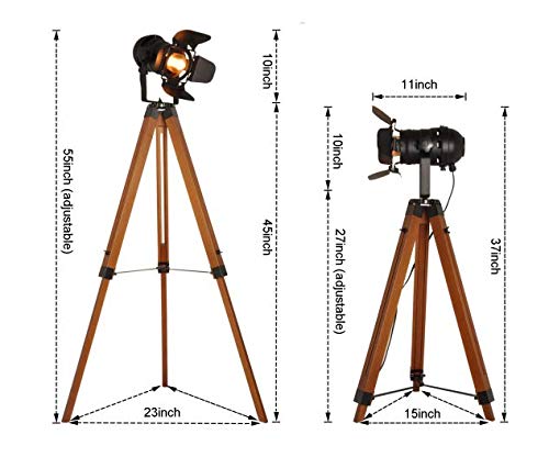 **Industrial Floor Lamp - Adjustable Tripod Standing Light with Wood Base & Metal Shade, E26 Socket for Living Room, Bedroom, Office, Studio & Farmhouse Decor - Perfect for Reading, Cinema Lighting & Retro Ambiance**