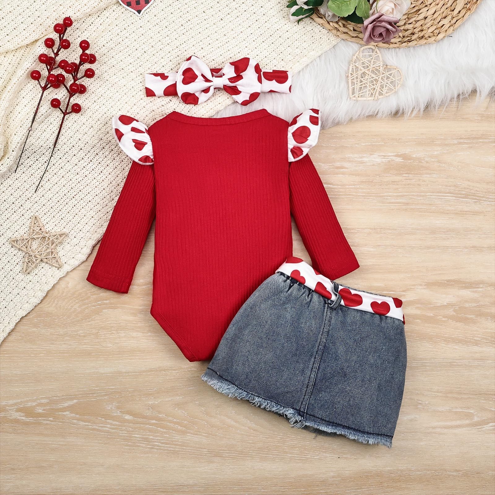 Valentine's Day Outfit for Baby Girls 0-18 Months - Cute Denim Skirt Set | Perfect for Valentine's Photos, Parties & Special Occasions