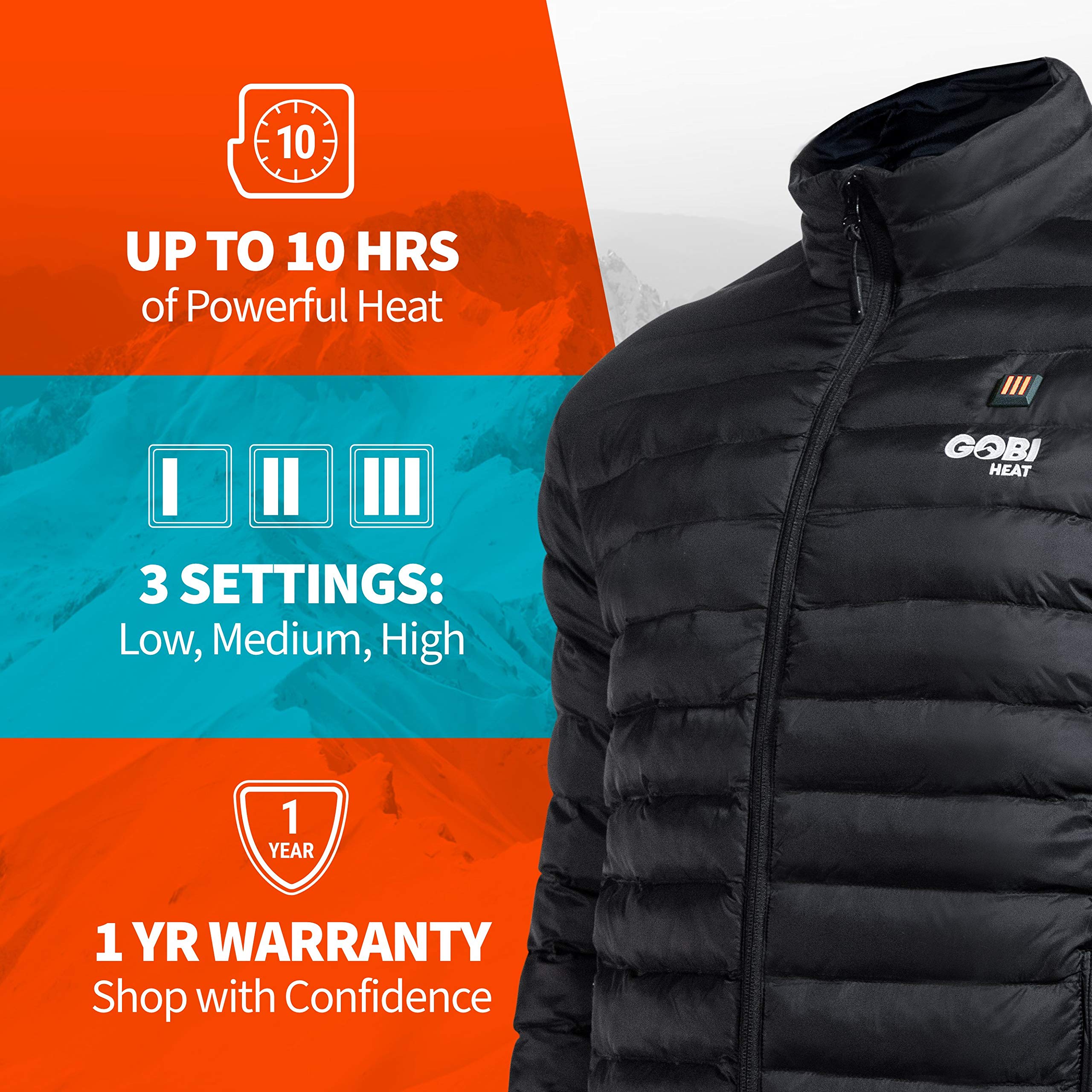 Wolf Men's Puffer Heated Jacket with 10 Hours of Heat - Rechargeable Battery & USB Charger Included | Winter Outdoor Activities, Skiing, Hiking, Camping