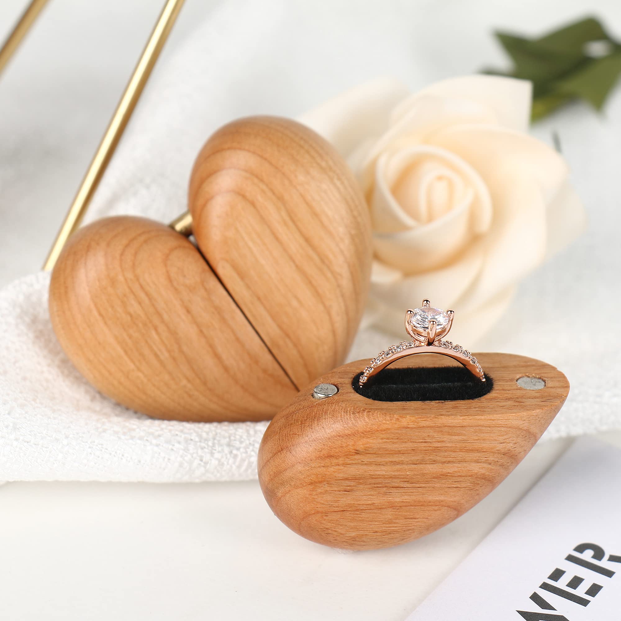 Heart-Shaped Wooden Ring Box for Wedding, Proposal & Engagement - Cherry Wood Ring Holder Case - Perfect Gift for Brides & Couples - Ideal for Jewelry Storage & Romantic Surprises