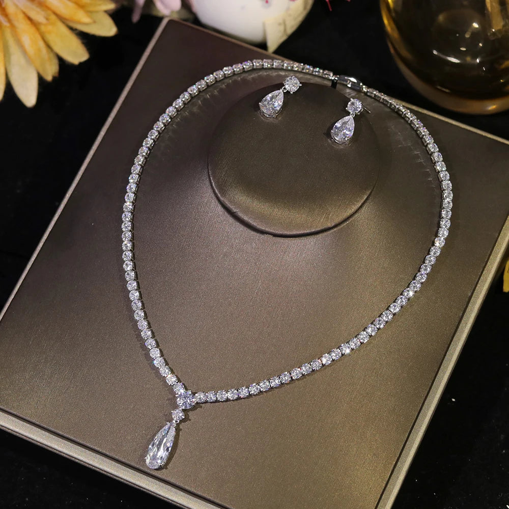 Elegant Cubic Zirconia Water Drop Pendant Necklace Set - Bridal Jewelry for Weddings, Anniversaries & Special Occasions | Perfect Gift for Her