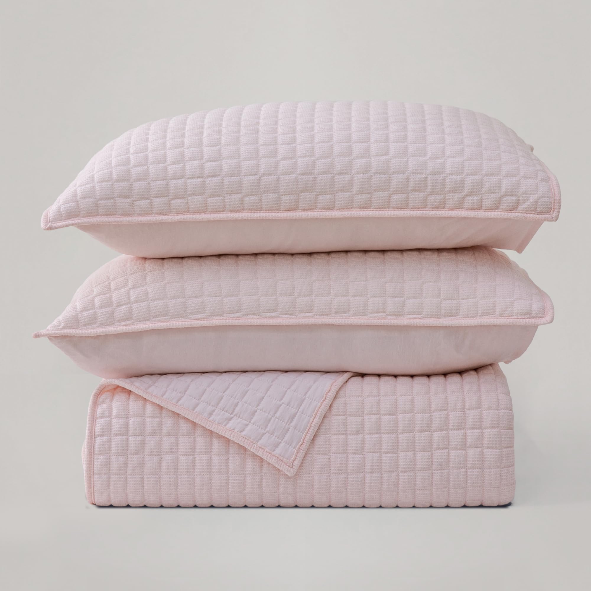 SHALALA Light Pink Waffle Quilt Bedding Set Queen Size - Soft & Breathable All-Season Comforter with 2 Pillow Shams | Cozy Bedspread for Girls' Room, Guest Bedroom & Dorm Decor