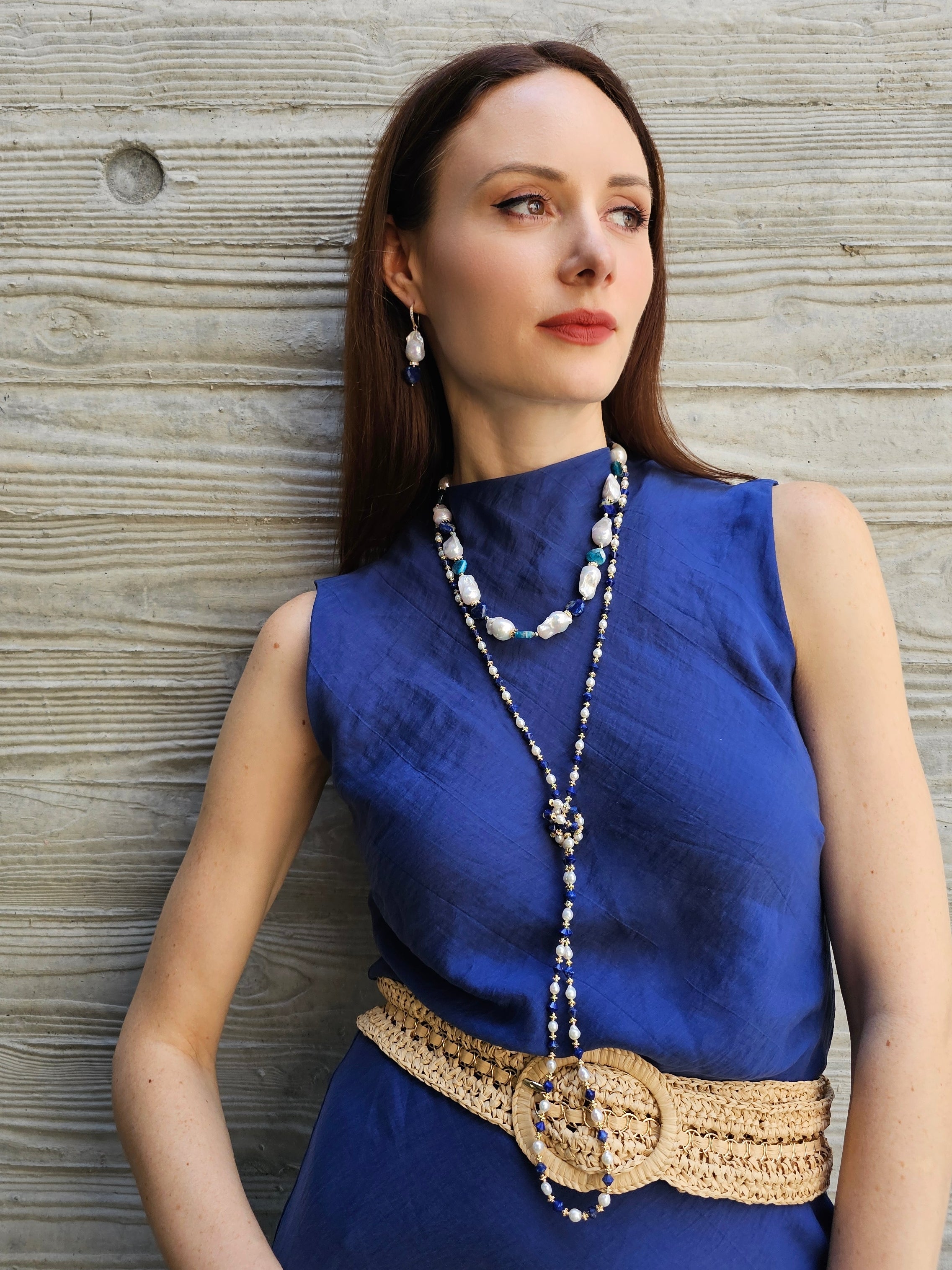 Baroque Pearls with Heart-Shaped Lapis & Apatite Dangle Earrings PE026 | Elegant Vintage Jewelry for Women | Perfect for Weddings, Parties & Special Occasions
