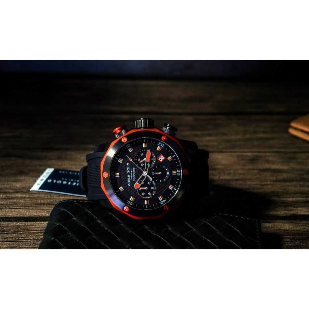 ARIES GOLD Chronograph Venturer Orange Stainless Steel G 7012Z BK Men's Watch with Black Silicone Strap - Sporty & Durable Timepiece for Outdoor Adventures & Casual Wear