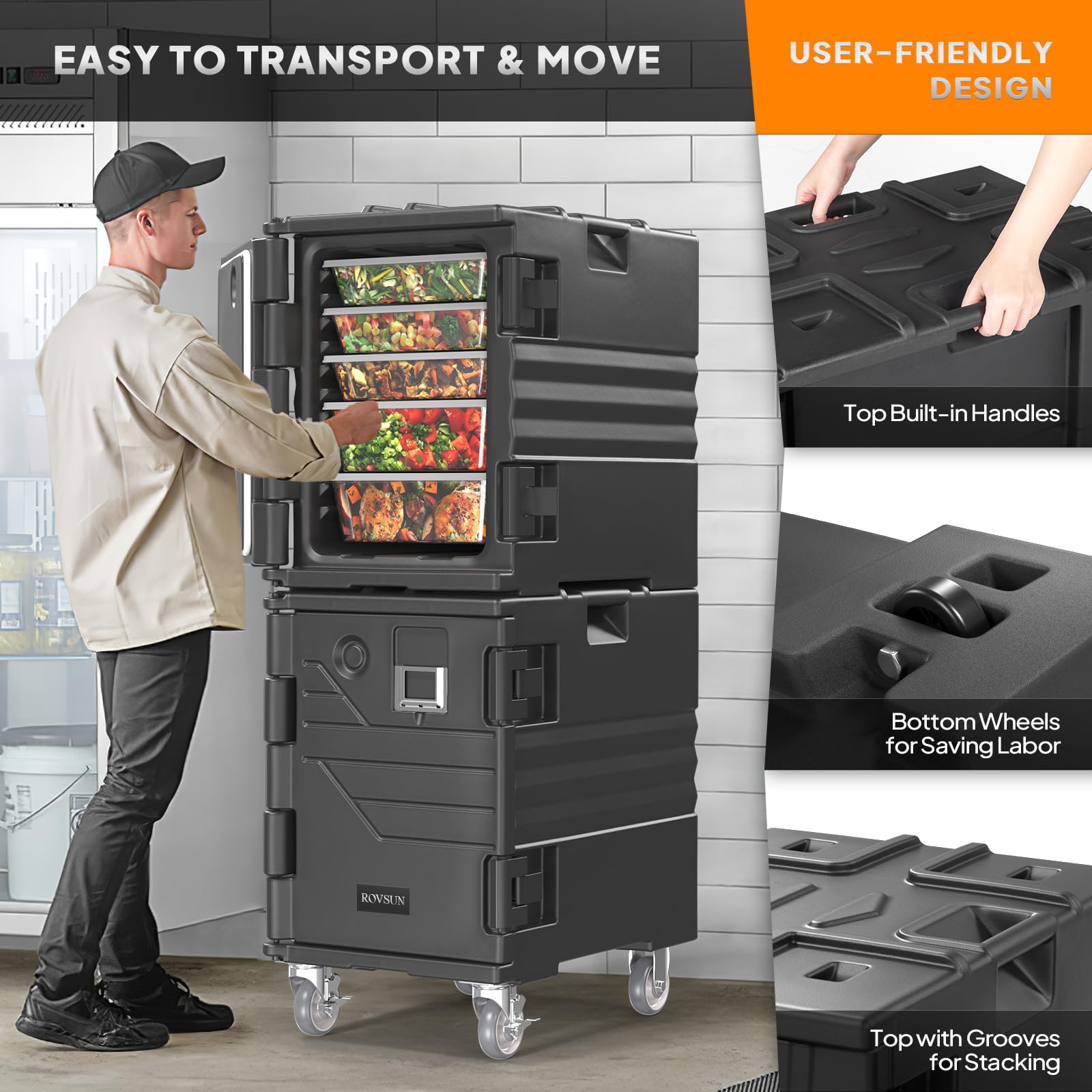 ROVSUN Insulated Food Warmer with Lockable Wheels - Stackable Hot Box Carrier for Catering, Restaurants & Parties - Double Buckles & Handles for Secure Transport - Perfect for Buffets, Outdoor Events & Food Delivery Services