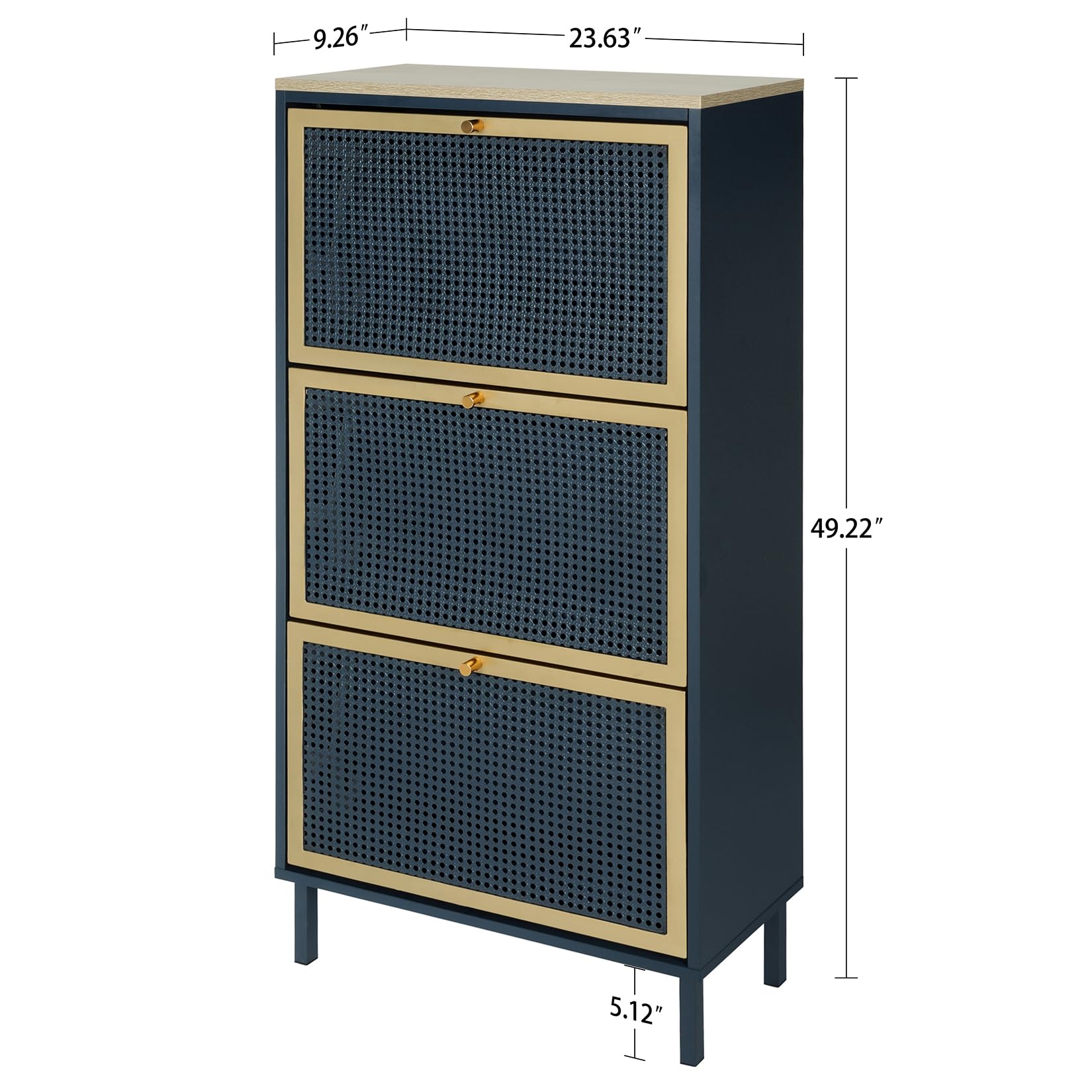 Modern 3-Tier Metal Rattan Shoe Rack Organizer - Freestanding Entryway Shoe Storage Cabinet for Hallway, Living Room & Bedroom - Space-Saving Blue Shoe Shelf for Home Organization