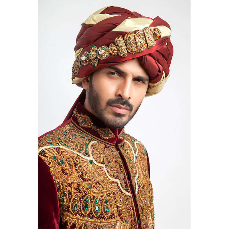 Elegant Burnt Red Velvet Sherwani for Men - Slim Fit Indian Wedding Suit | Perfect for Grooms, Festivals & Special Occasions
