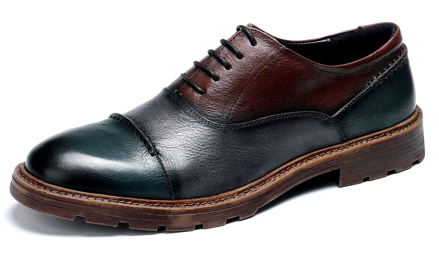 Premium Men's Leather Dress Shoes - Classic Cap Toe Oxfords & Derby Style in Blue & Brown | Formal Business Attire, Wedding & Office Wear