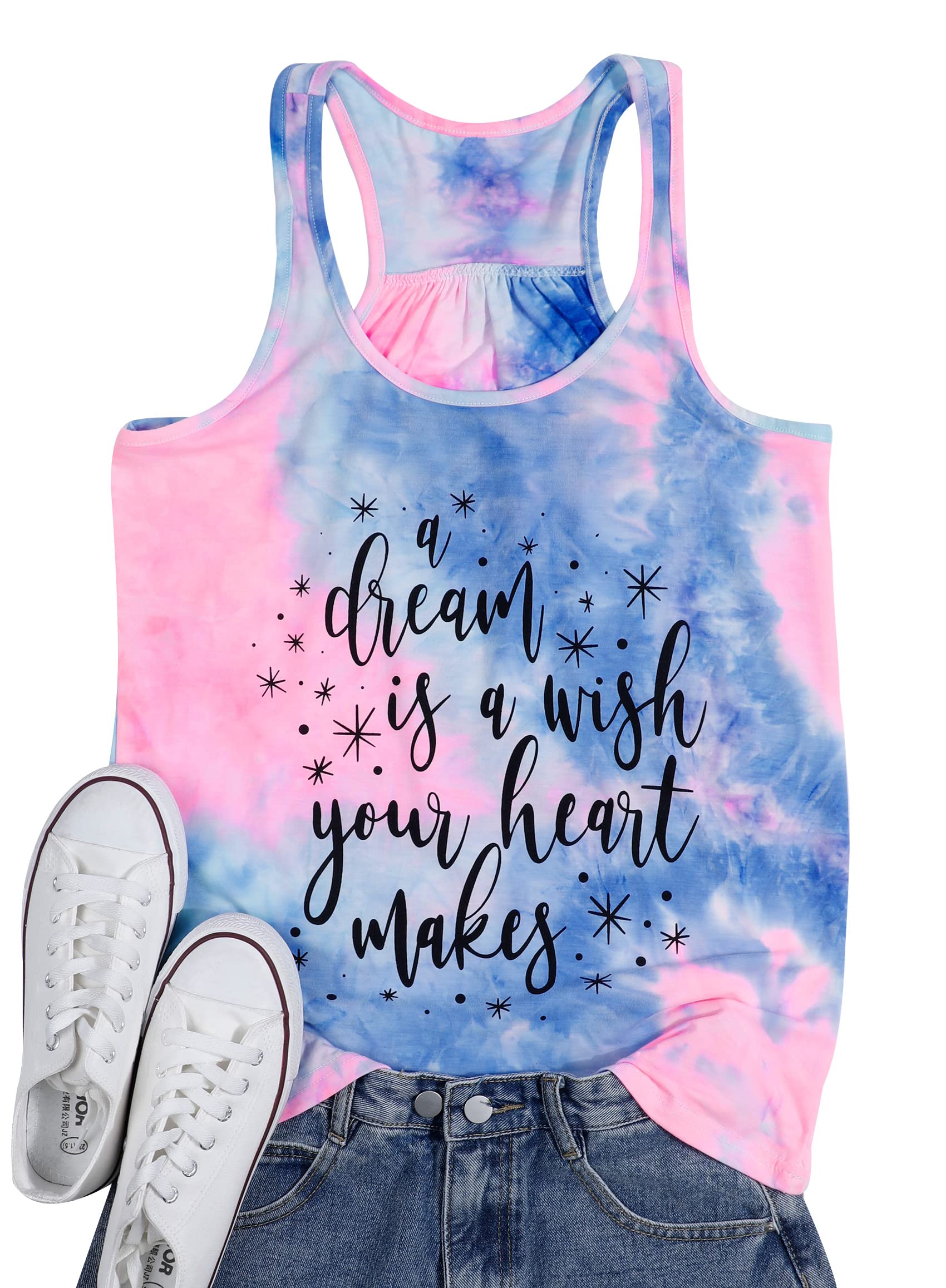 Women's Funny Letter Print Sleeveless Tank Top - 'A Dream is A Wish Your Heart Makes' Summer Casual Tee for Beach, Music Festivals & Disney Trips