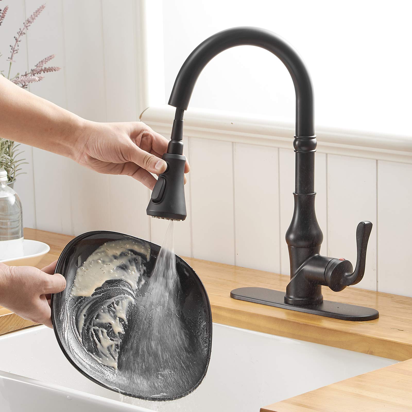 Black Kitchen Sink Faucet with Pull Down Sprayer - 3 Function Single Handle High Arc Commercial Faucet for RV, Bar & Home Use | Durable Gooseneck Design for Easy Washing & Food Prep