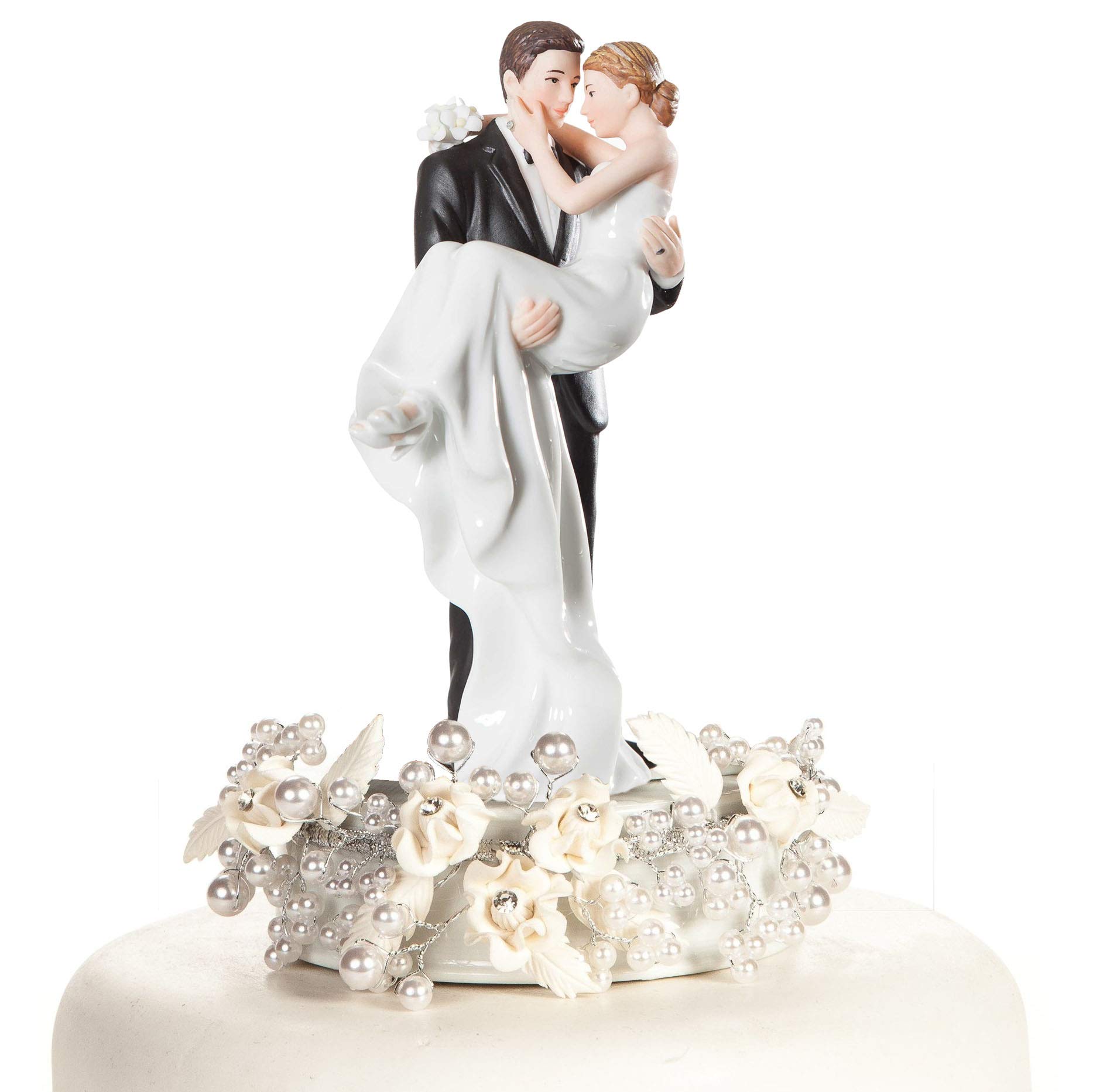 Vintage Rose Pearl Wedding Cake Topper - Bride and Groom Figurine for Romantic Wedding Cakes, Anniversary & Special Occasions