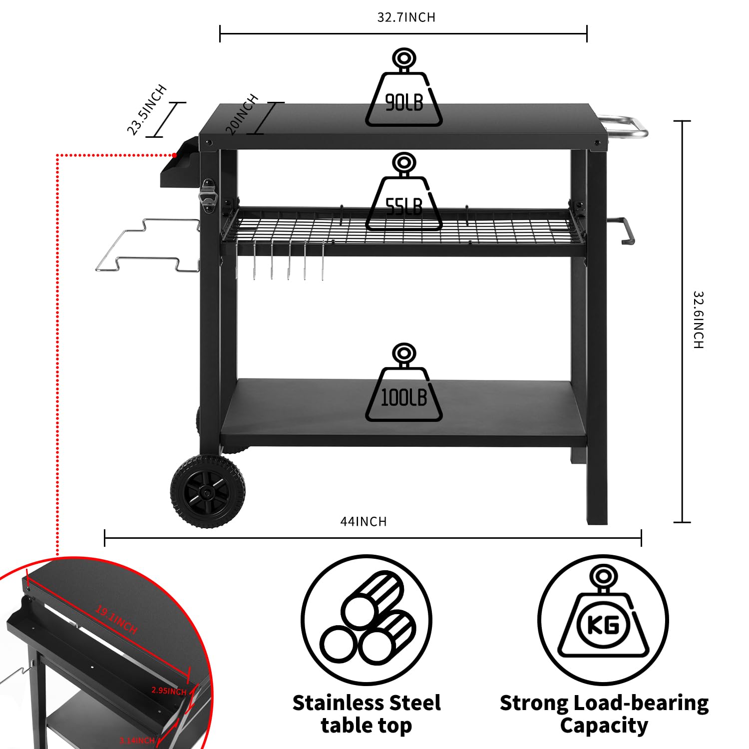 3-Tier Rolling Kitchen Cart - Portable Outdoor BBQ Grill Table with Pizza Oven Stand & Hooks - Multi-Functional Food Prep Station for Indoor/Outdoor Use - Perfect for Patio Cooking, Backyard Parties & Small Space Kitchens (Black)