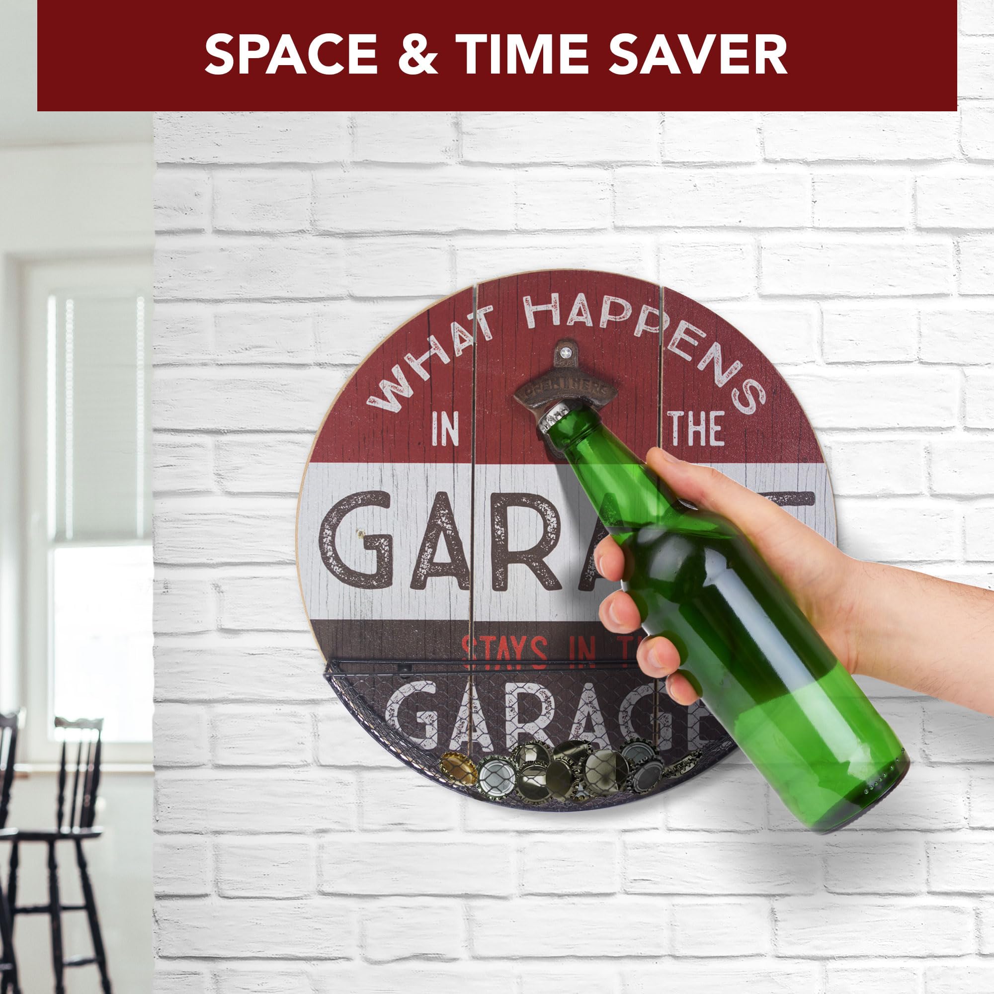 American Art Decor Wall-Mounted Wooden Beer Bottle Opener & Cap Catcher - Rustic Bar Accessory for Man Cave, Garage, Game Room - Perfect for Parties, Home Brewing & Sports Events