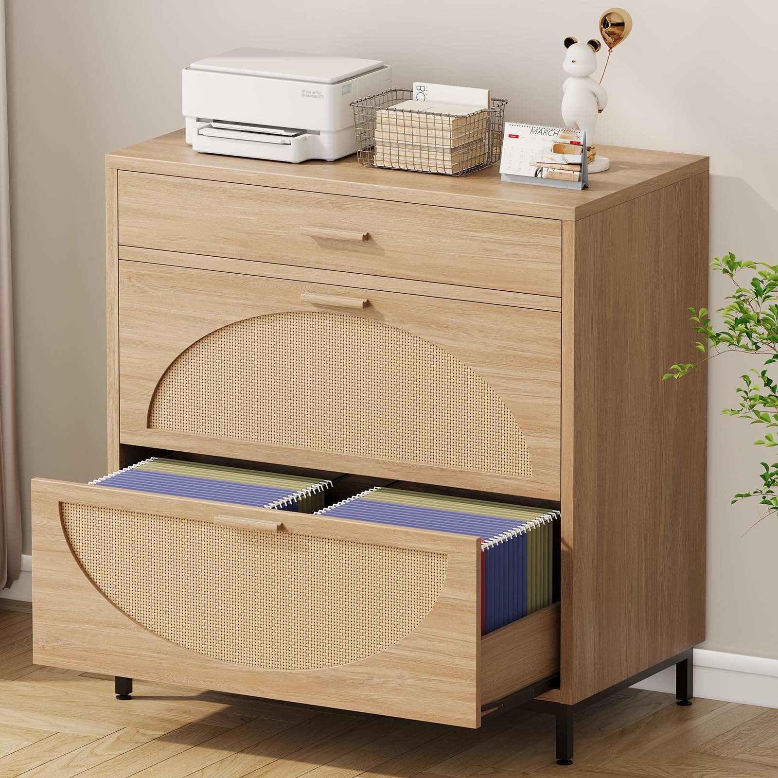 3-Drawer Eco Rattan File Cabinet for Home Office - Letter/Legal/A4 Storage & Printer Stand