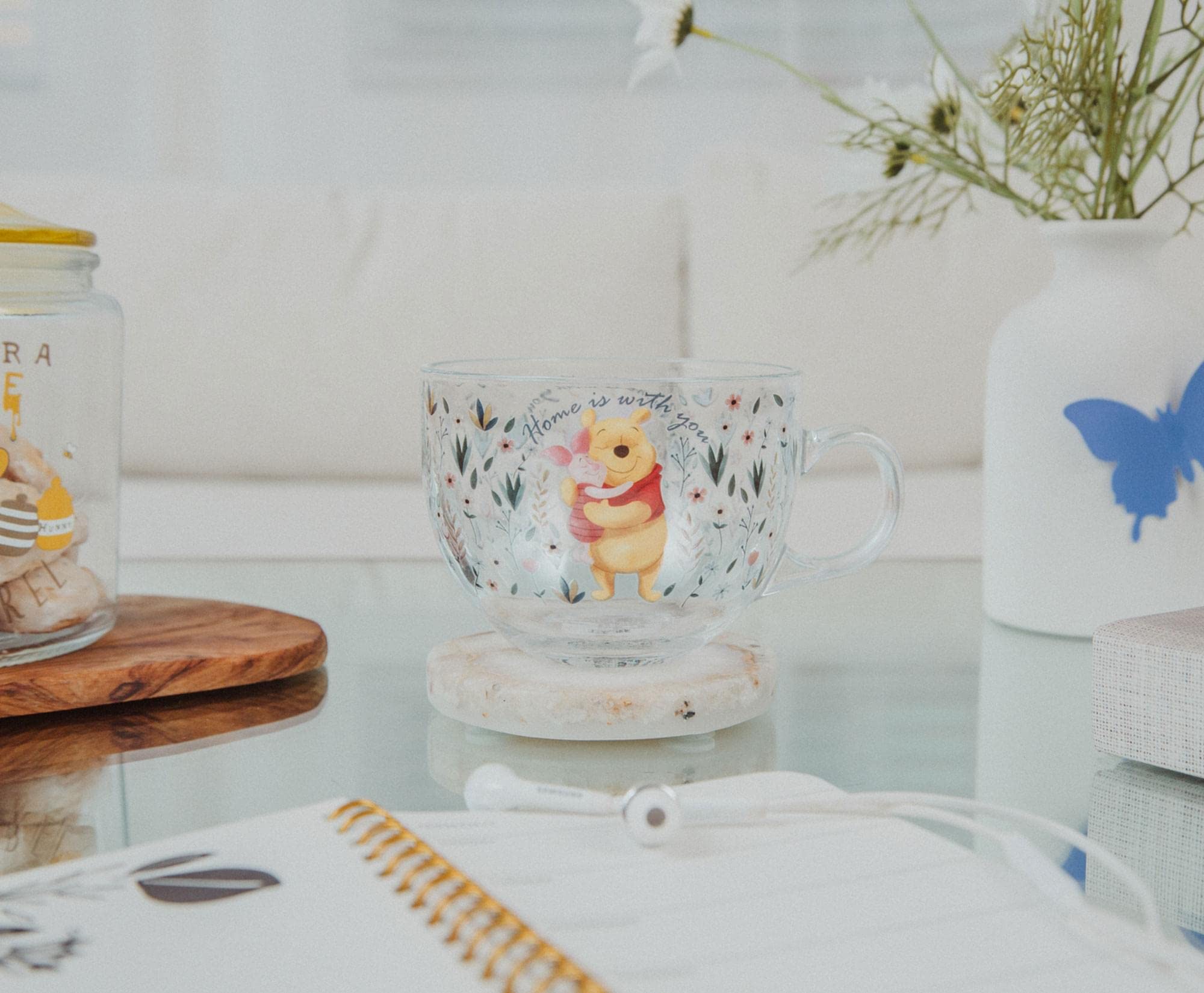 Disney Winnie the Pooh and Piglet Floral Glass Mug - 16oz Large Coffee Cup for Espresso, Tea & Mocha - Perfect for Home, Office or Gift Giving