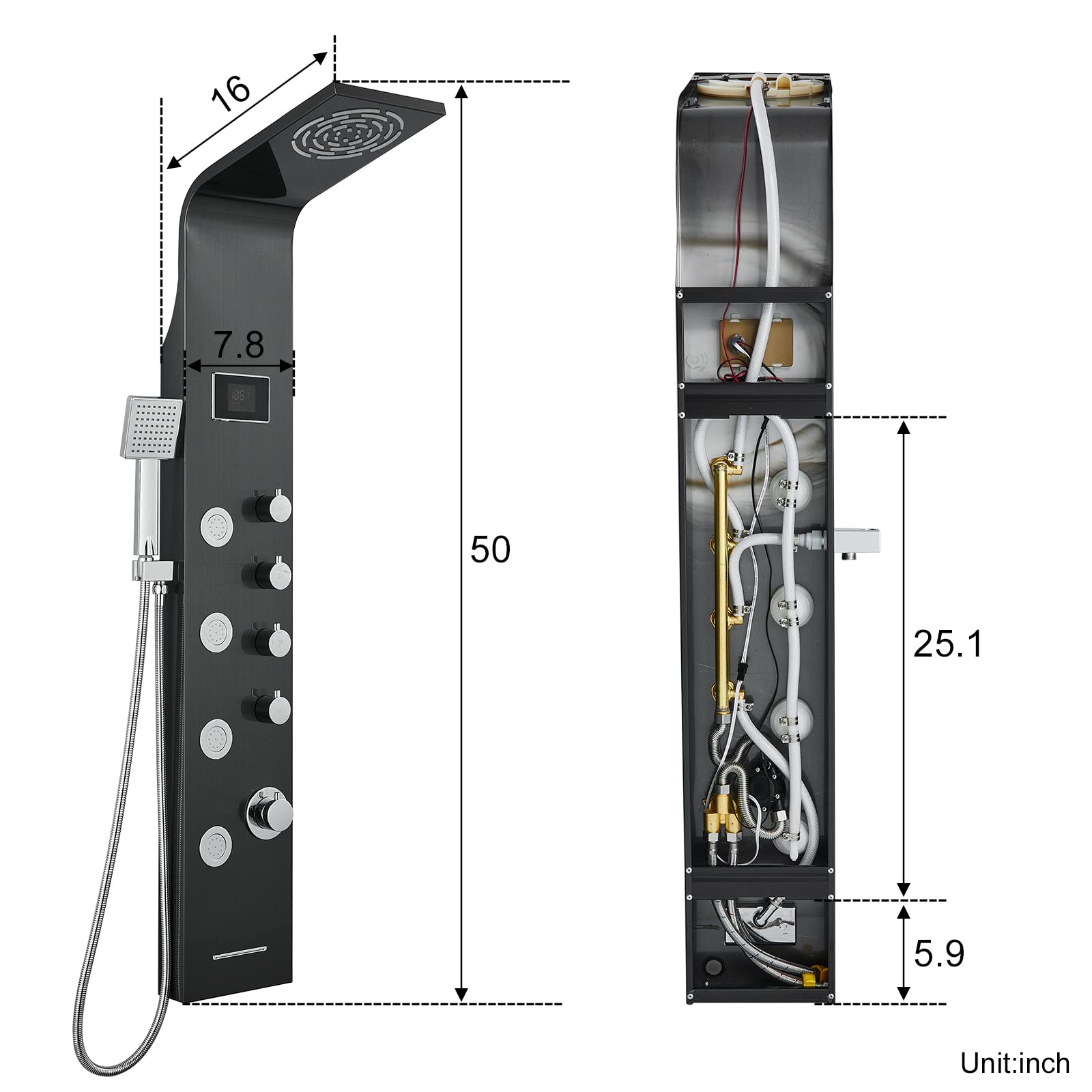 ROVATE Rainfall Waterfall Shower Panel Tower System with LED Lights - No Battery Needed, Multi-Function Shower Tower with Rain Massage, Body Jets, Handheld Shower Wand & Tub Spout - Black - Perfect for Spa-Like Bathroom Upgrades & Luxury Shower Experience