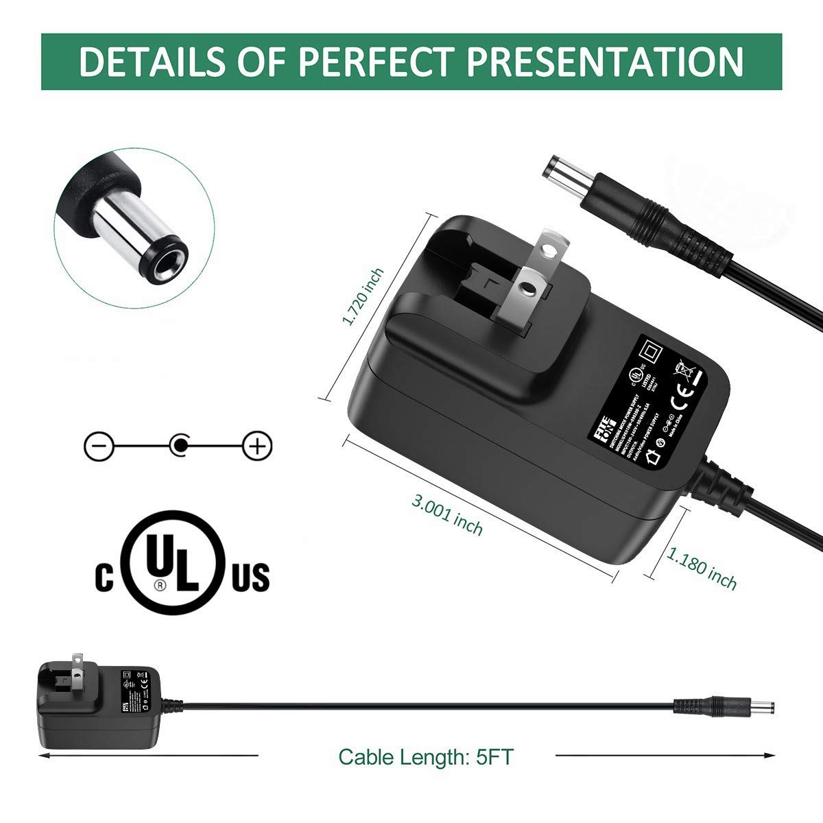 FITE ON UL Listed 12V AC/DC Adapter Charger Power Supply for Keyboard Foot Pedal TF 008 1205 - Perfect for Music Equipment, Studio Setups & Electronic Devices