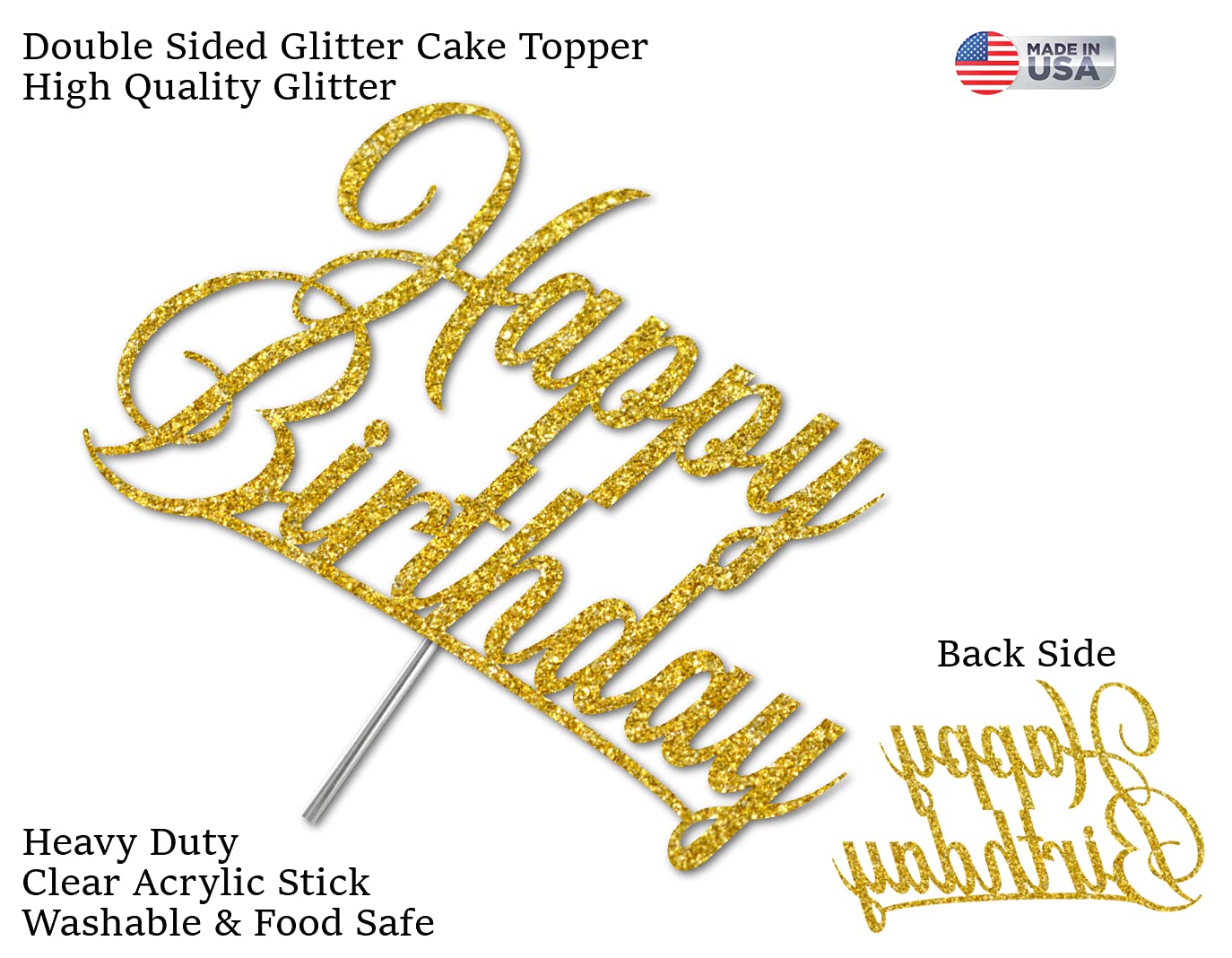 Premium Gold Happy Birthday Glitter Cake Topper - Double Sided Acrylic Stick for Birthday Party Decorations | Made in USA | Perfect for Wedding, Baby Shower & Anniversary Celebrations
