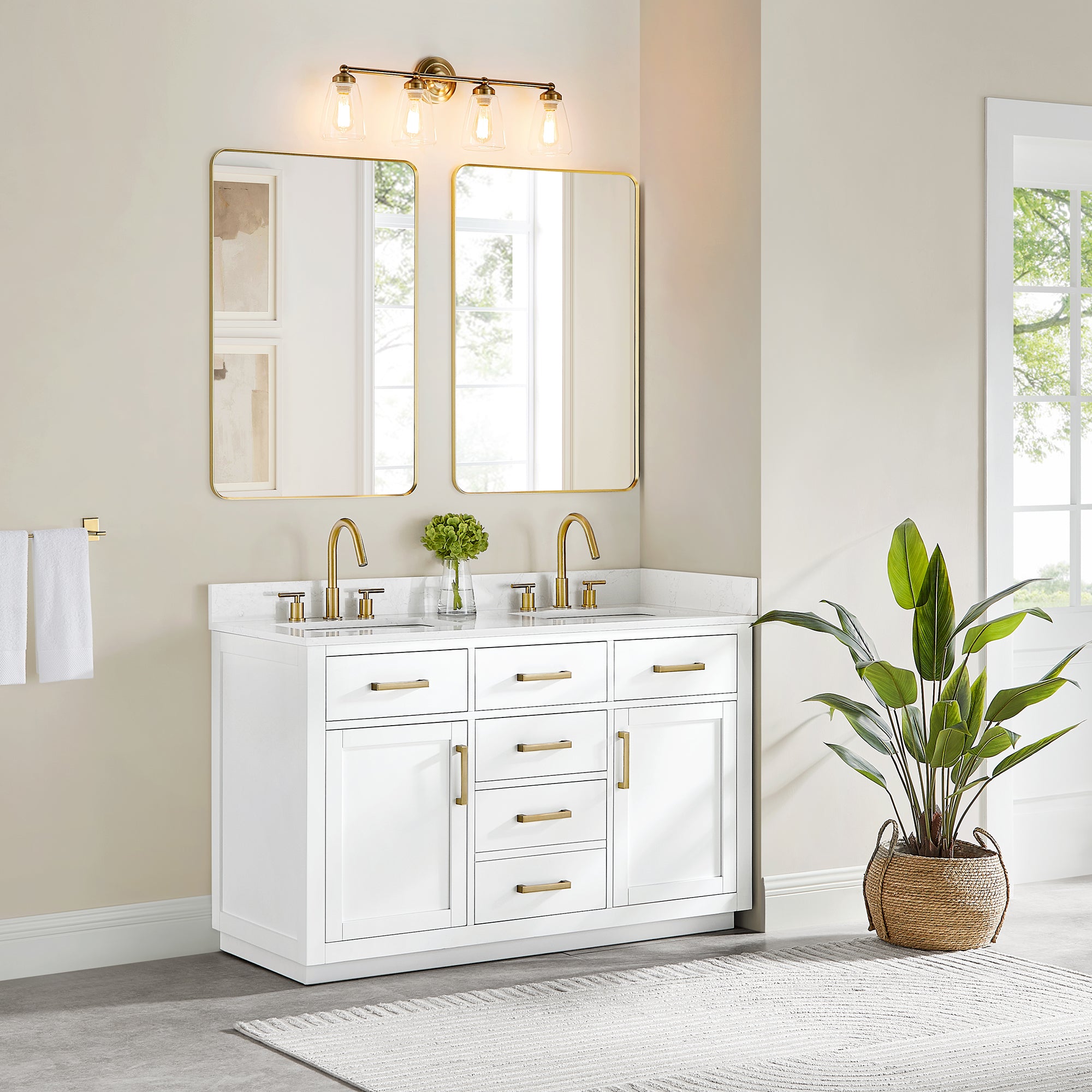 Gavino 54 Inch Double Sink Bathroom Vanity with White Engineered Stone Countertop - Modern Farmhouse Style for Master Bath & Guest Bathroom Remodel