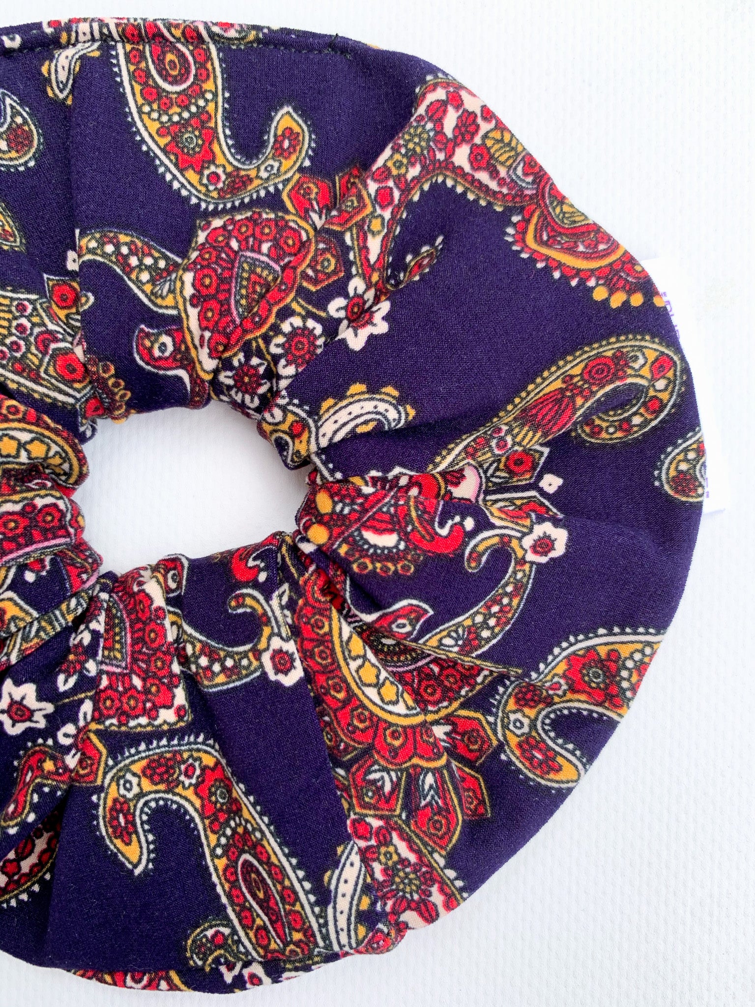 Stylish Purple Paisley Scrunchie Hair Tie - Soft Fabric Hair Accessory for Women & Girls - Perfect for Workouts, Yoga, and Everyday Use