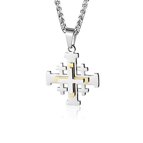 Davitu Stainless Steel Jerusalem Cross Pendant Necklace for Women & Men - Medieval Religious Jewelry with Holy Bible Chain - Gold/Silver Color - Perfect for Church, Baptism, Confirmation & Spiritual Gifts