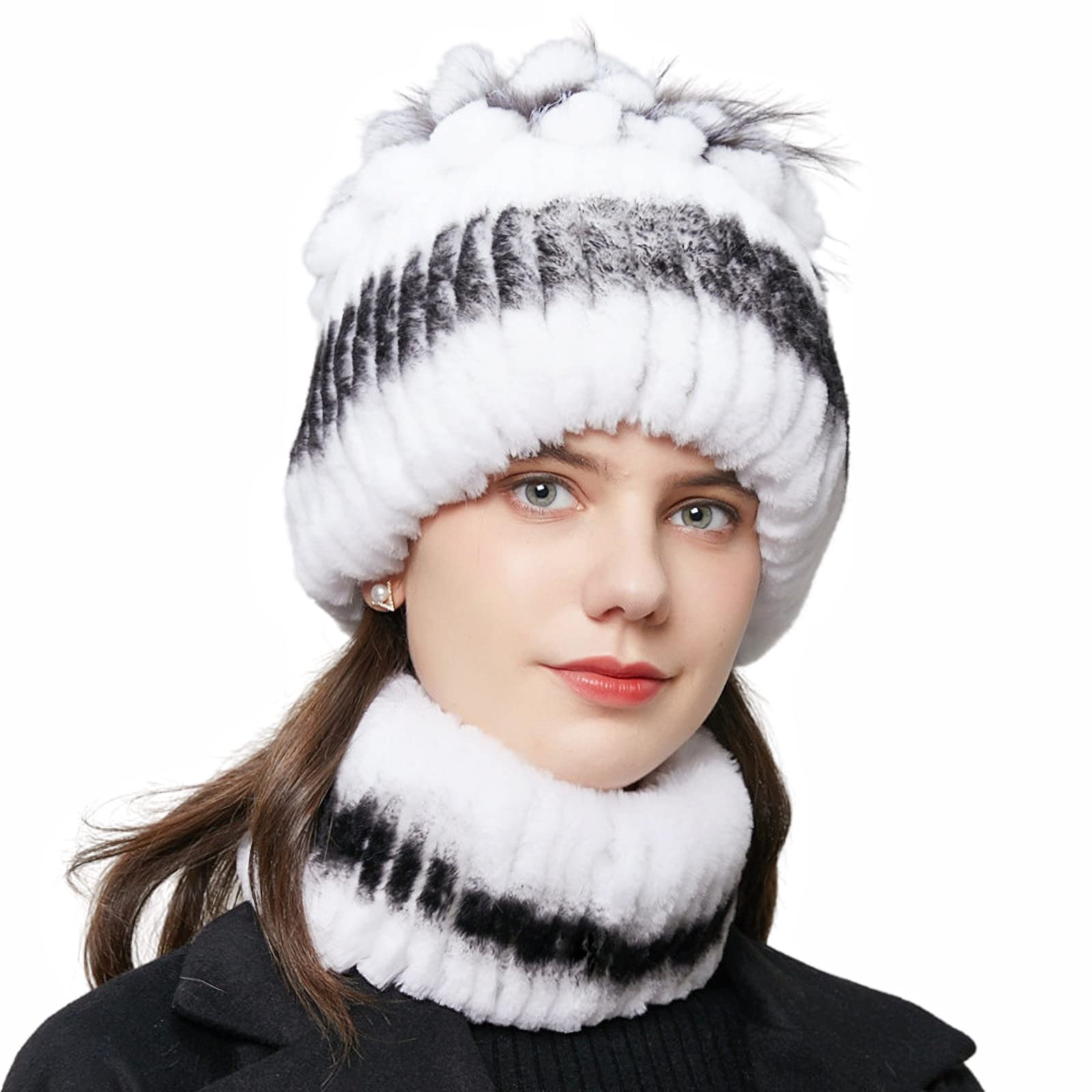 Women's Rabbit Fur Beanie Hat - Russian Style Winter Knit with Soft Fox Fur Lining - Warm Skull Cap for Girls - Perfect for Cold Weather, Snow Days & Outdoor Activities