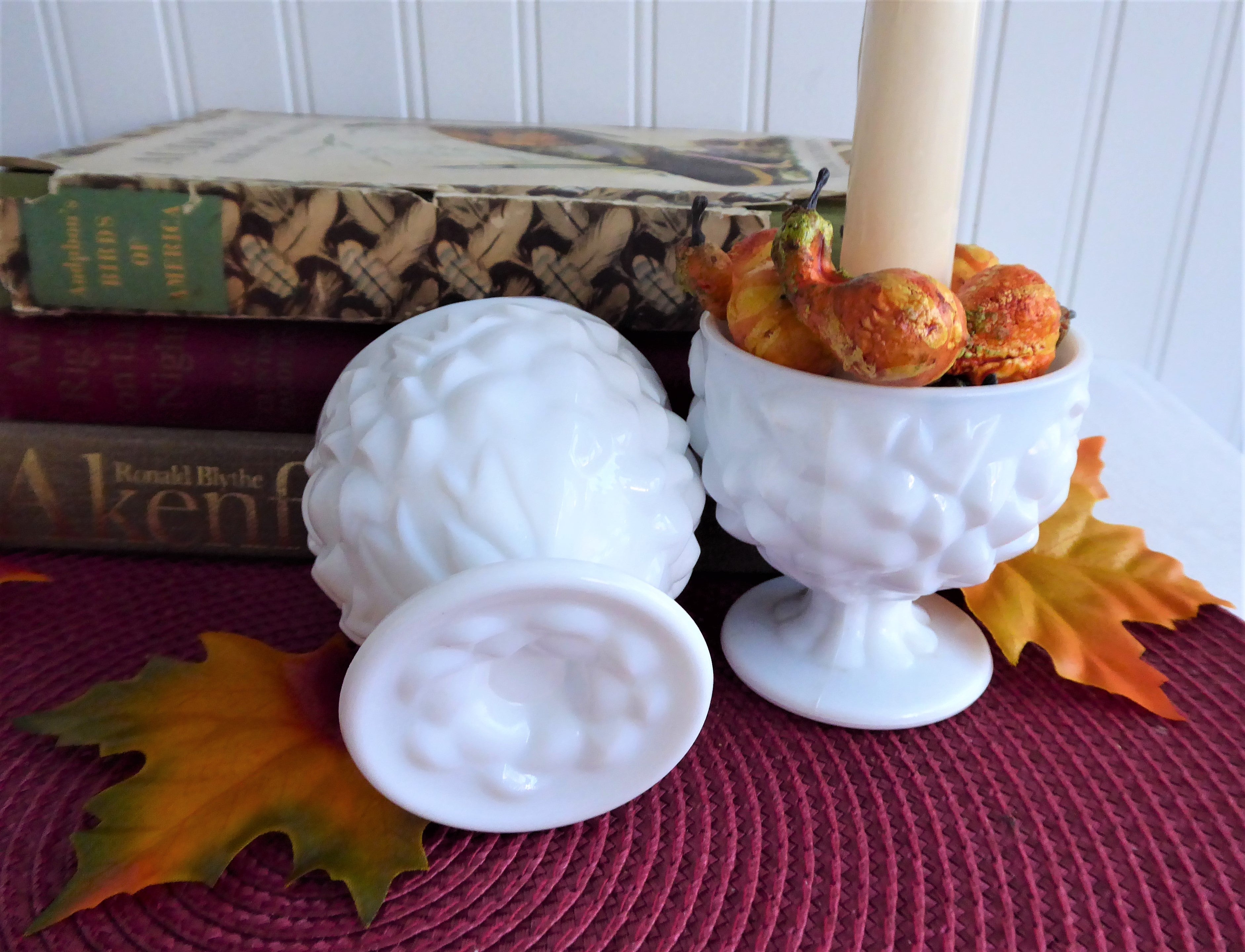 Vintage 1950s Floral Milk Glass Candle Holders - Set of 2 Pedestal Posy Vases for Wedding Centerpieces & Home Decor