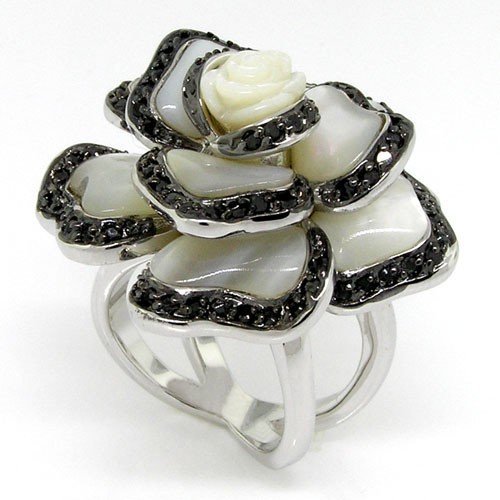 Exquisite Sculptured Rose Cocktail Ring with Genuine Mother-of-Pearl & Cubic Zirconia Stones - Perfect for Evening Parties, Weddings & Special Occasions