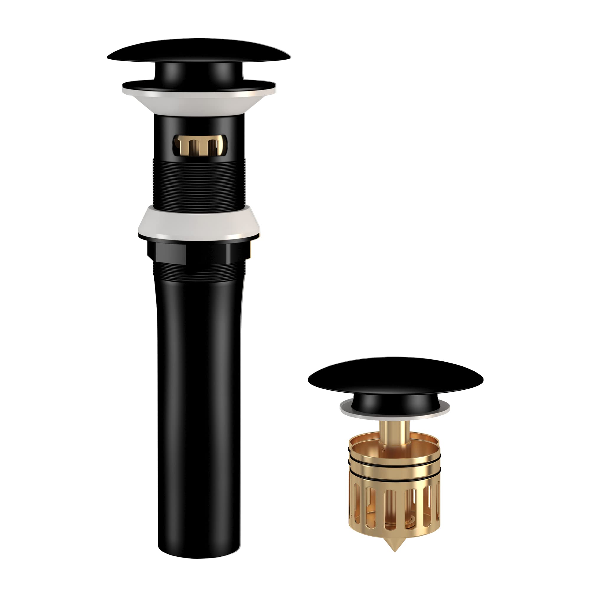 Brass Pop Up Drain Stopper for Bathroom Sink with Overflow - Black Bath Drain Strainer with Detachable Basket Stopper | Perfect for Modern Bathrooms, Vanities & Luxury Home Decor (Model: APU30101BL)
