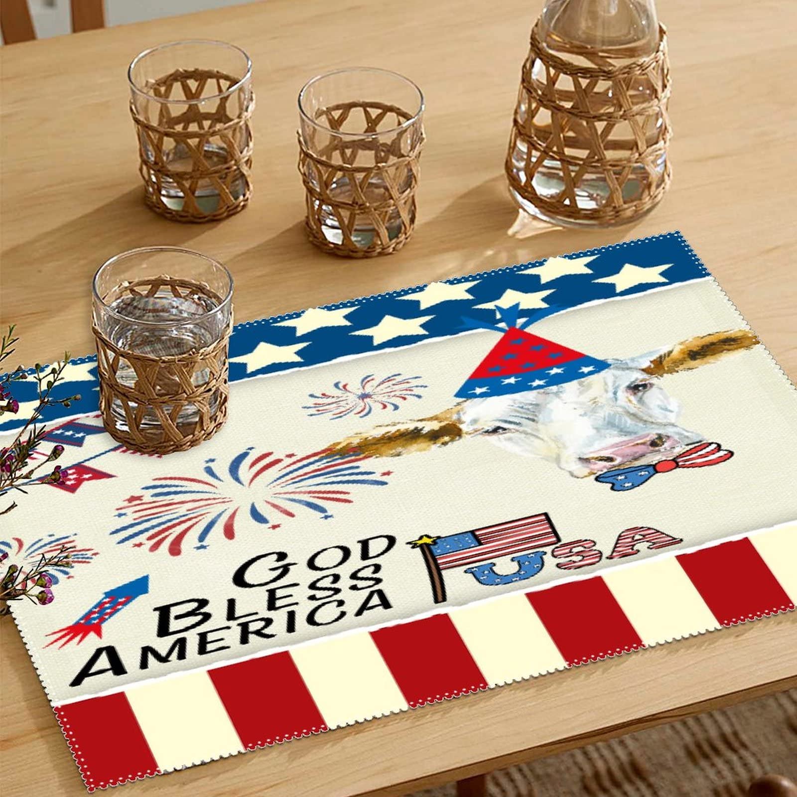 God Bless America Cow Farmhouse Placemats Set of 4 - Stain-Proof, Non-Slip & Heat Resistant - Patriotic American Flag Retro Table Decor for Dining, Kitchen & Banquet - Perfect for Memorial Day, 4th of July & Everyday Use