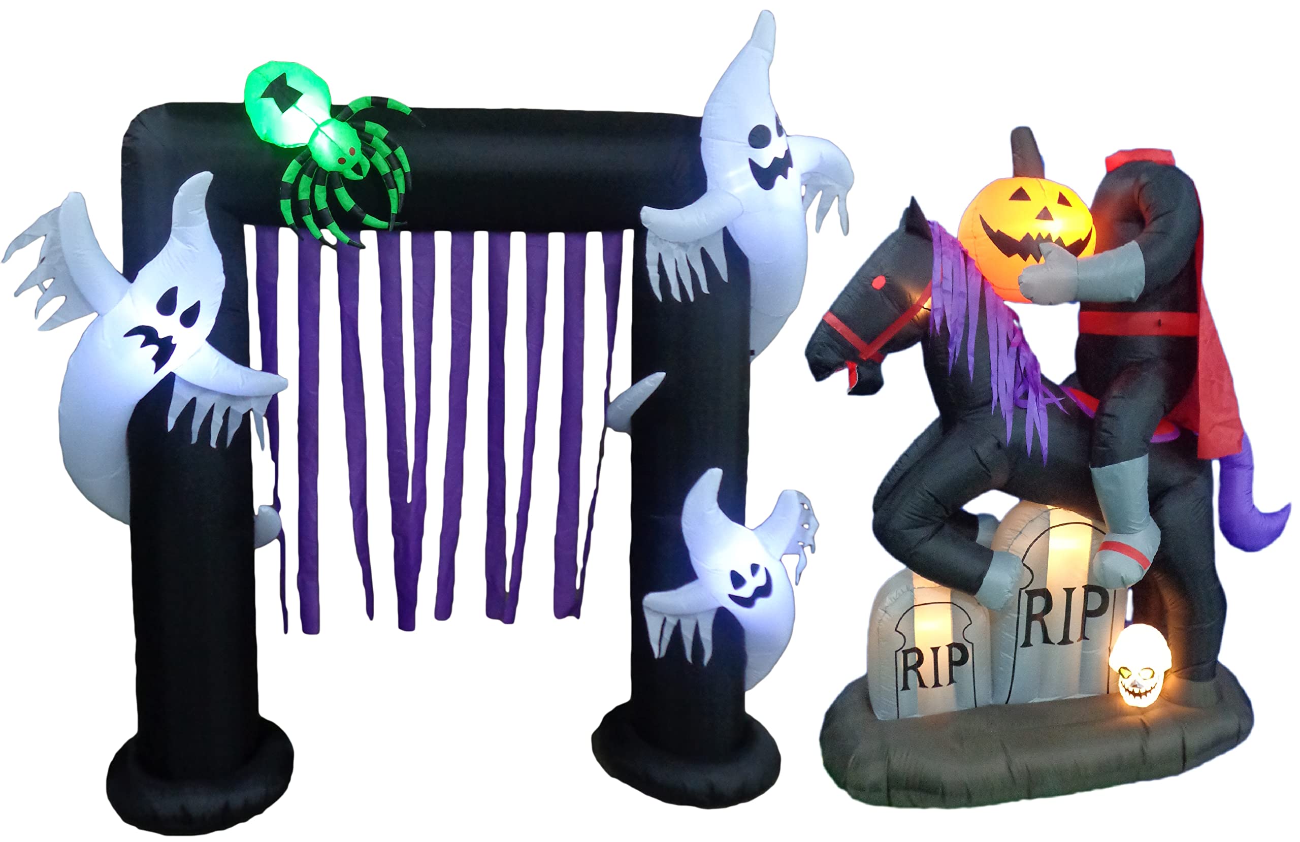 Halloween Party Decorations Bundle - 8ft Inflatable Ghost Spider Archway & 6.5ft Lighted Headless Horseman with Horse, Tombstones, Skull & Pumpkin - Perfect for Outdoor Yard Haunt, Spooky Home Decor & Halloween Night Party