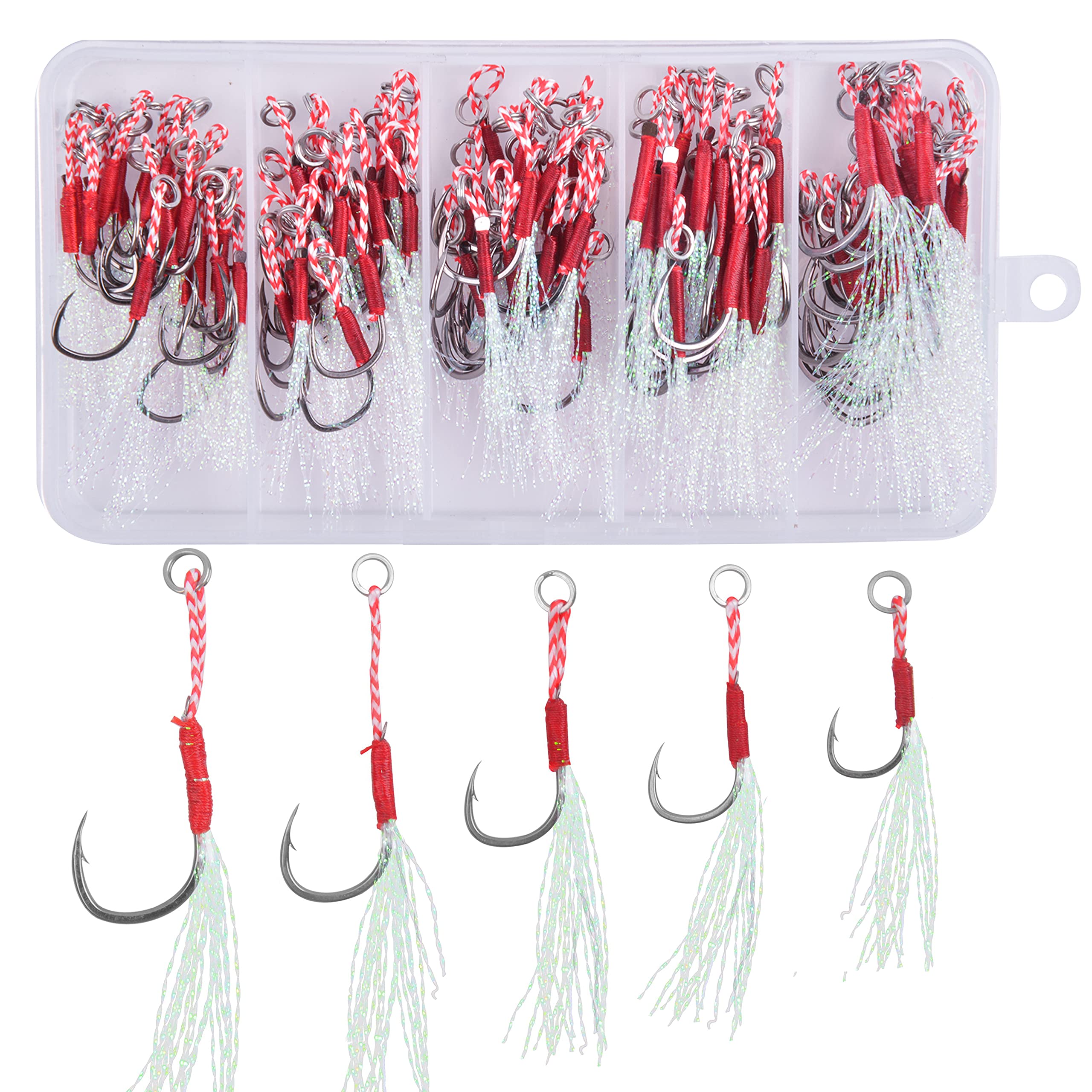 AGOOL Jigging Assist Hooks with Bucktail Teaser Kit - 100pcs Saltwater Fishing Hooks with Crystal Flash for Slow Pitch & Vertical Jigging - Perfect for Deep Sea Fishing, Tuna, Grouper, and Saltwater Game Fish