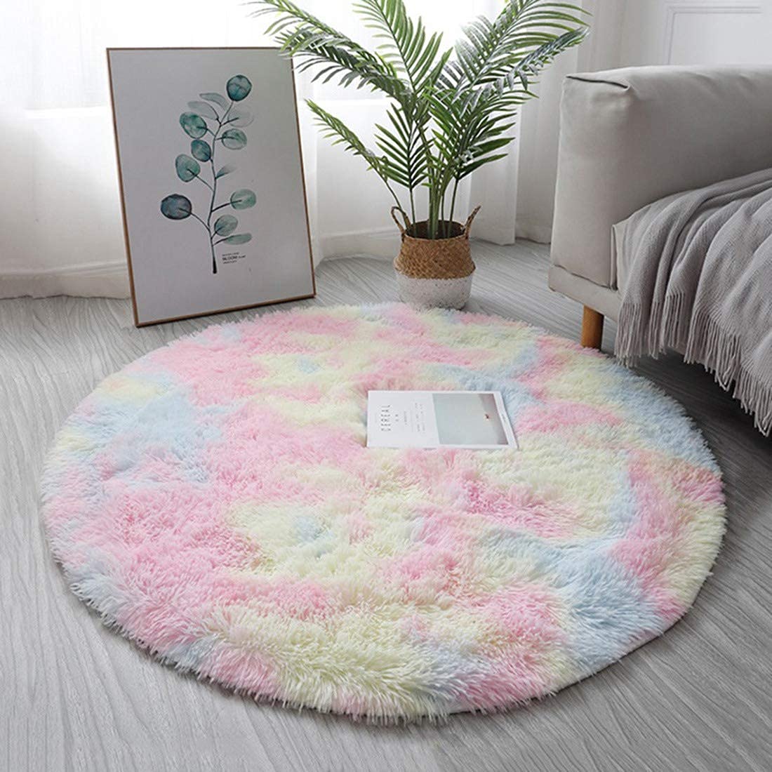 Soft Fluffy Round Rainbow Carpet for Girls Room - 120cm Diameter Non-Slip Kids Rug for Bedroom, Study, Living Room - Playroom & Nursery Decor, Cozy Floor Mat for Reading & Relaxing