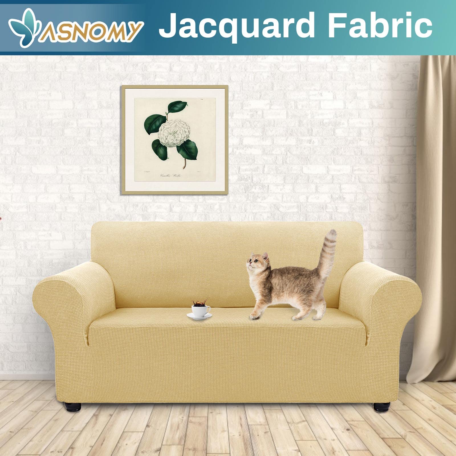 Stretch Sofa Slipcovers for 2-Cushion Loveseat - Pet Proof Jacquard Fabric Couch Covers with Small Checks - Medium Champagne (Home Decor, Living Room Furniture Protection)