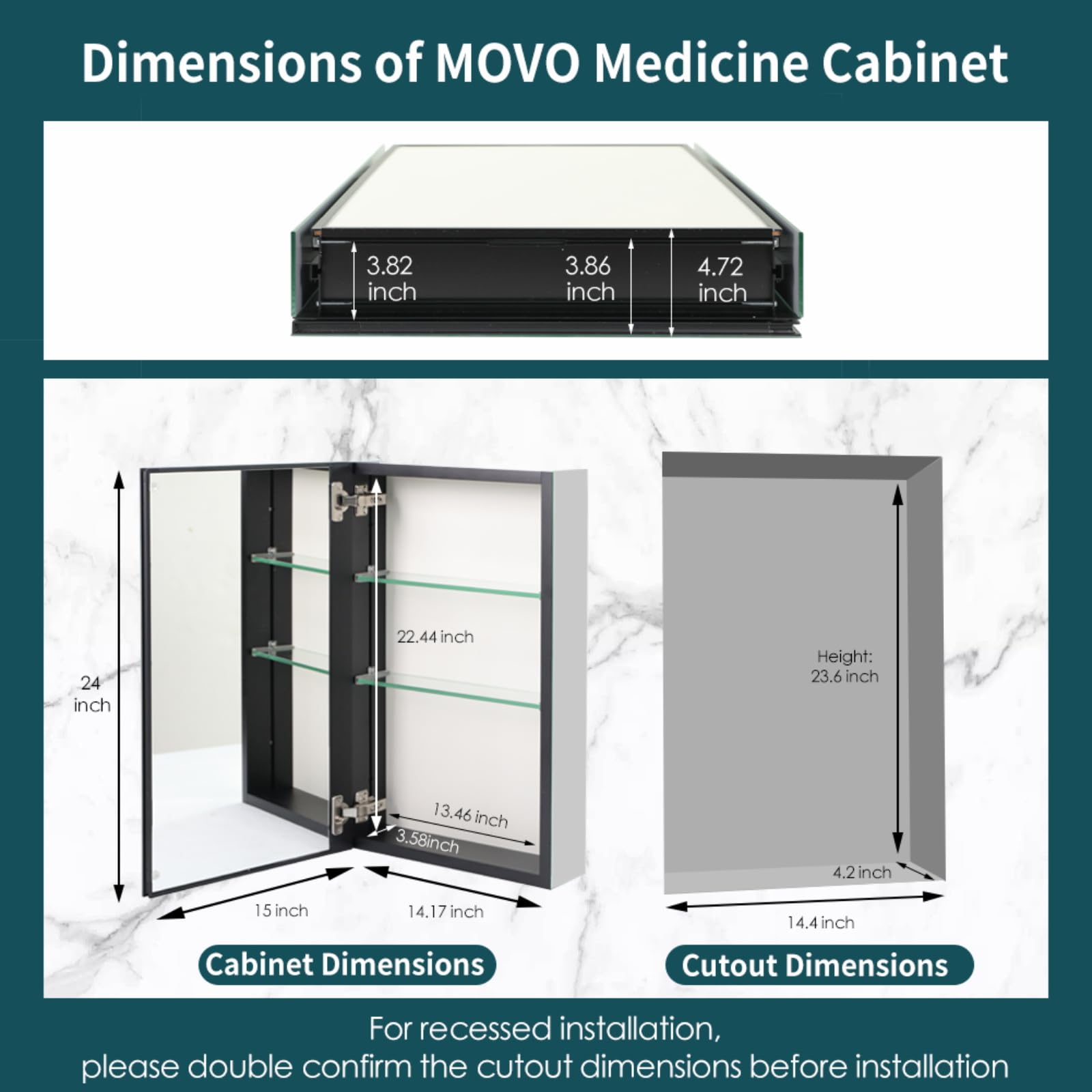 15x24 Inch Black Aluminum Frameless Medicine Cabinet with Mirror - Adjustable Shelves, Recessed or Surface Mount for Bathroom - Perfect for Small Spaces, Vanity Storage & Modern Bathroom Decor