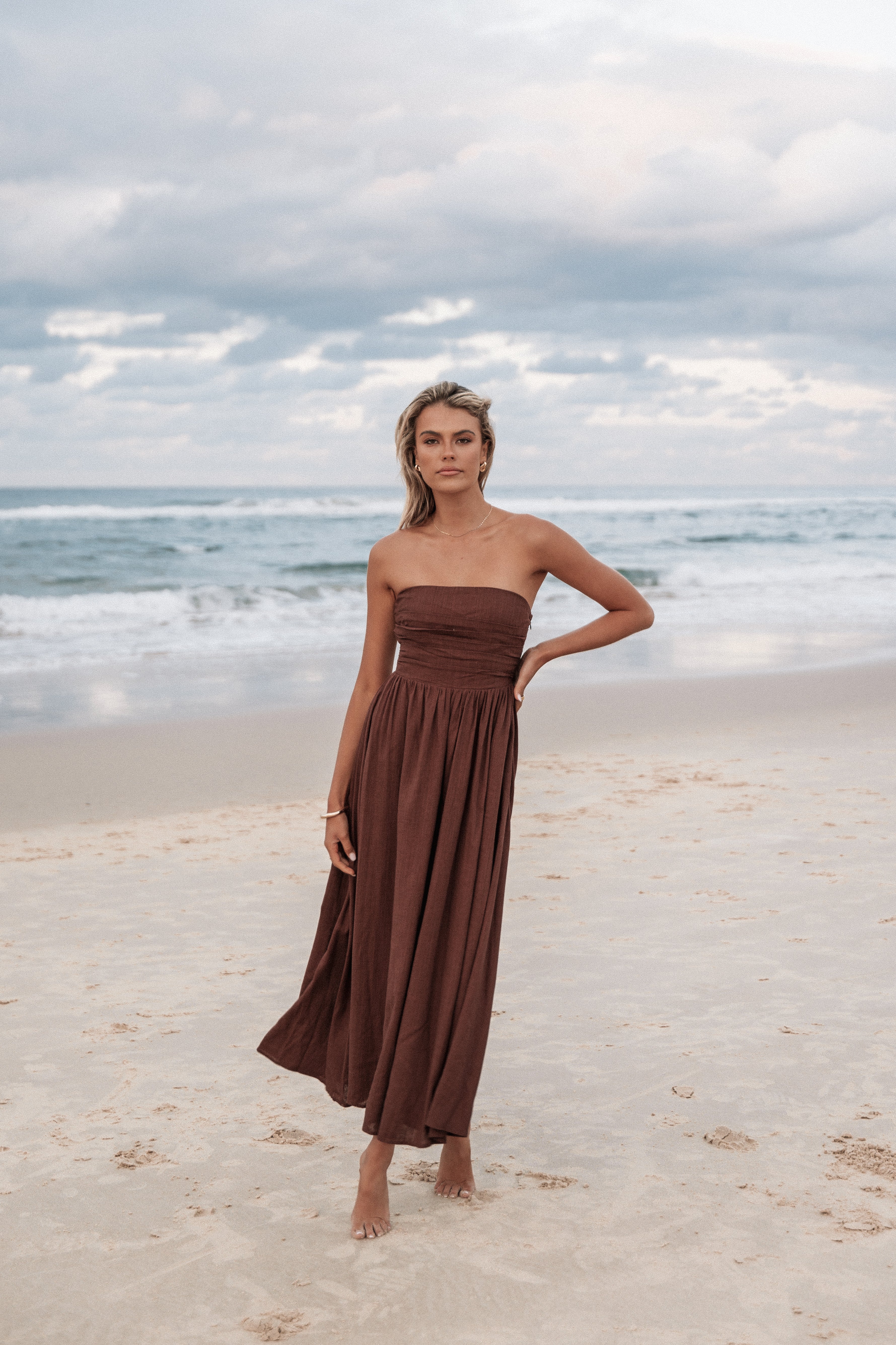 Kayt Strapless Dress in Chocolate Brown - Elegant & Comfortable for Weddings, Parties & Special Occasions