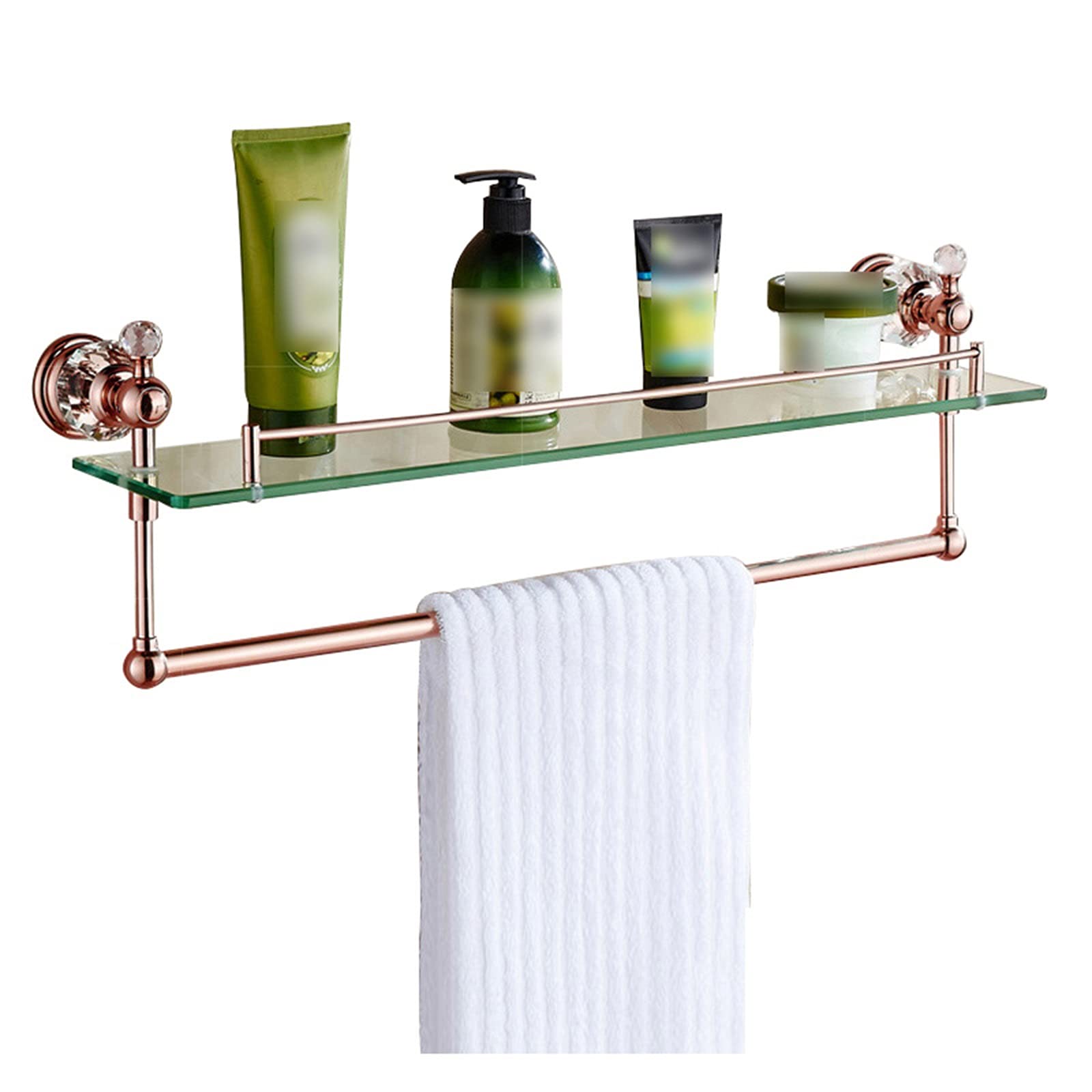 XXIOJUN 62x12cm Rose Gold Tempered Glass Wall Shelf - Heavy Duty 10kg Capacity, Rustproof Bathroom Shelves with Towel Bar - Perfect for Shower, Vanity, Dressing Table & Bathroom Organization (3 Color Options)