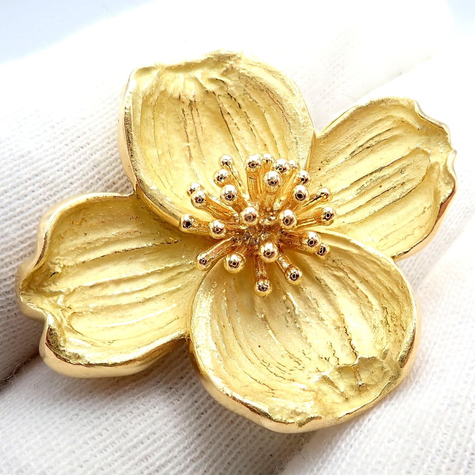 Authentic Tiffany & Co. 18k Yellow Gold Dogwood Flower Pin Brooch - Elegant Jewelry Gift for Women, Perfect for Weddings, Anniversaries & Special Occasions