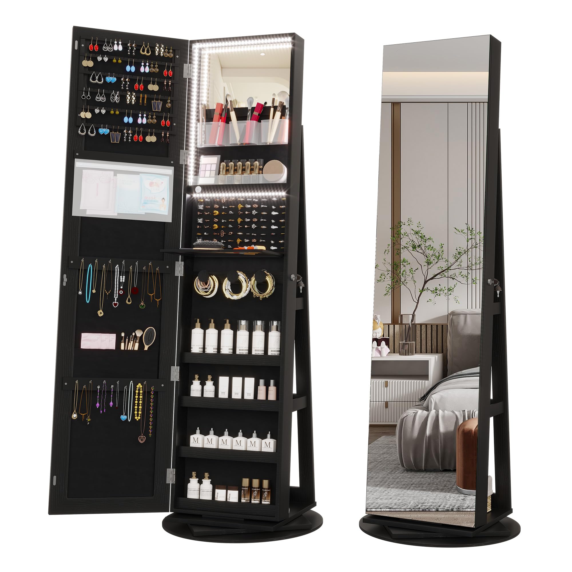 360° Swivel Jewelry Cabinet with LED Lights & Full-Length Mirror - Large Lockable Jewelry Armoire Organizer with Storage Shelves, Free Standing Mirror for Bedroom & Closet (Black) - Perfect for Jewelry Storage, Display & Dressing Room Organization