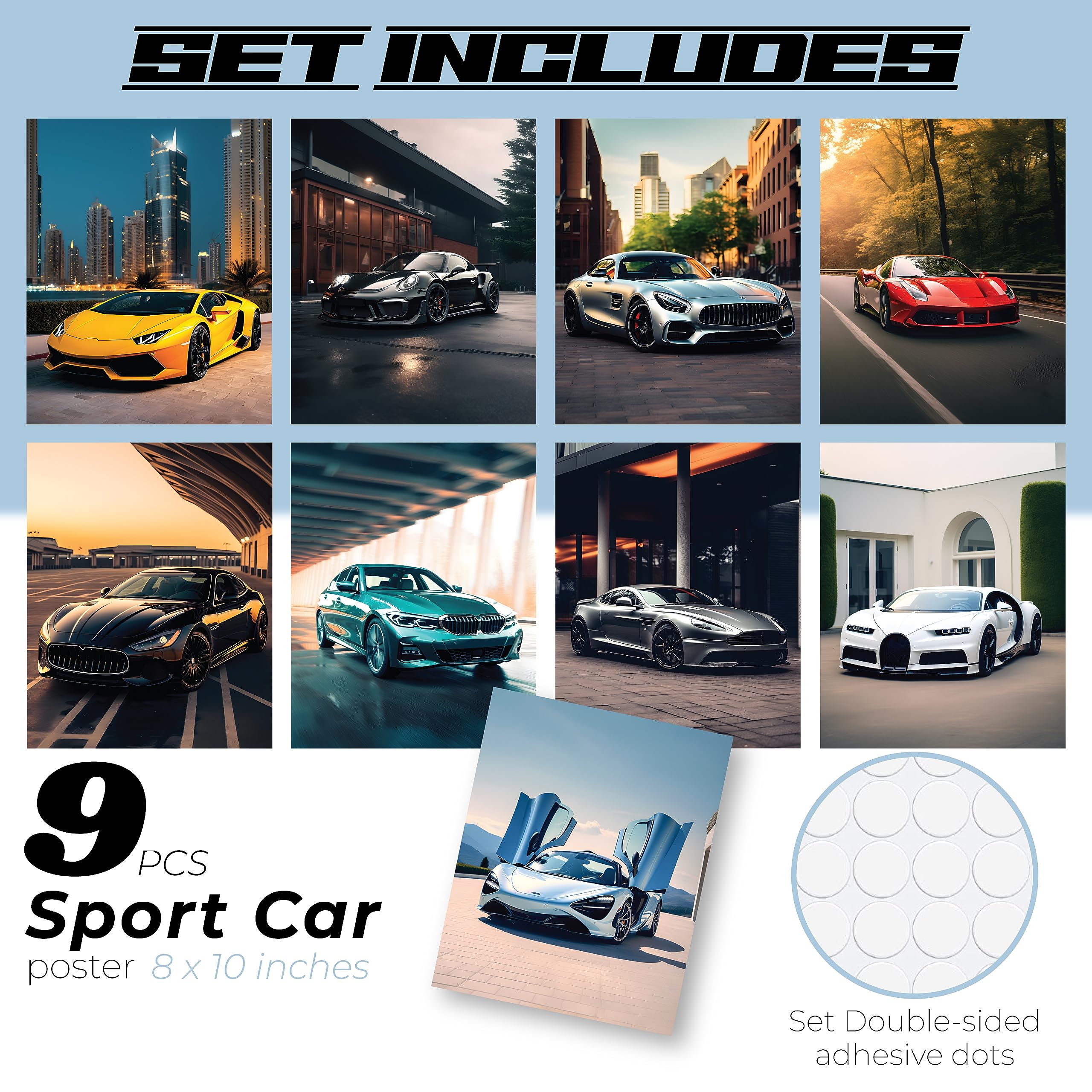 Modern Car Posters for Boys Room - 9pcs 8x10 Race Car Wall Art for Bedroom Decor