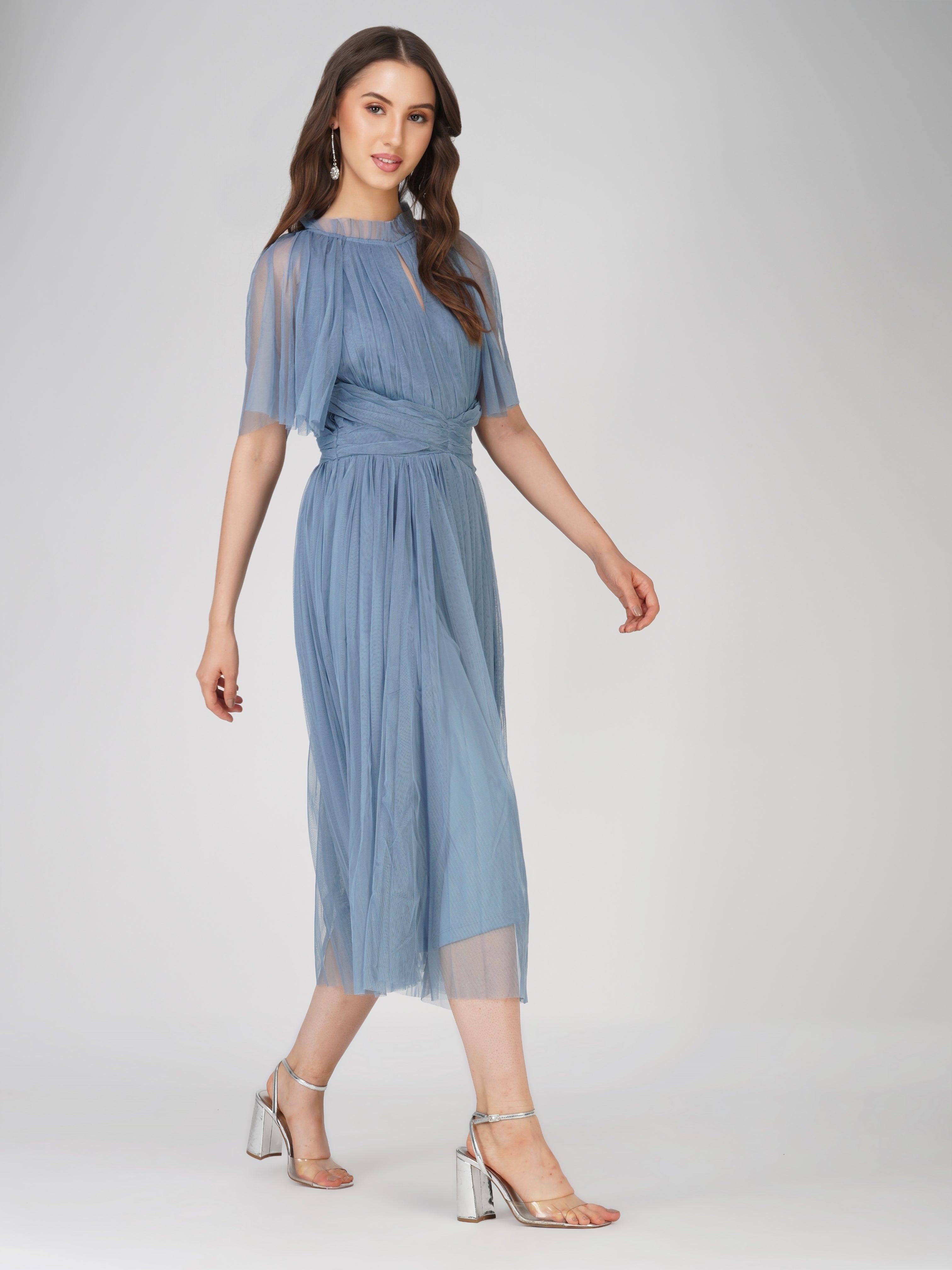 Elegant Cristiane Dusty Blue Tulle Midi Dress for Women | Formal Evening Gown | Wedding Guest Dress | Prom Party Dress | Flowy A-Line Skirt with Lace Details