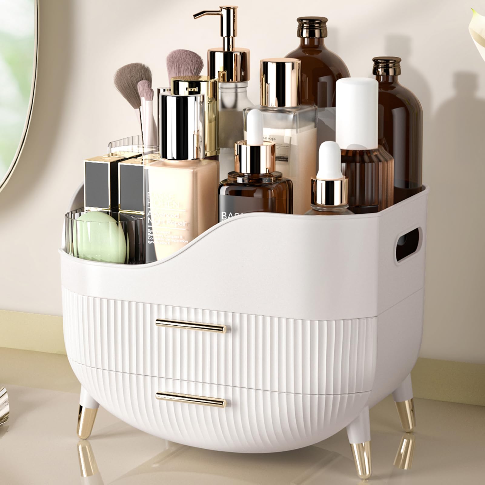 Large Capacity Makeup Organizer with 2 Drawers - Cosmetic Storage Box for Vanity, Bedroom & Bathroom | Skincare & Beauty Product Display Case | Perfect Gift for Women (White) - Ideal for Daily Beauty Routine and Travel Organization